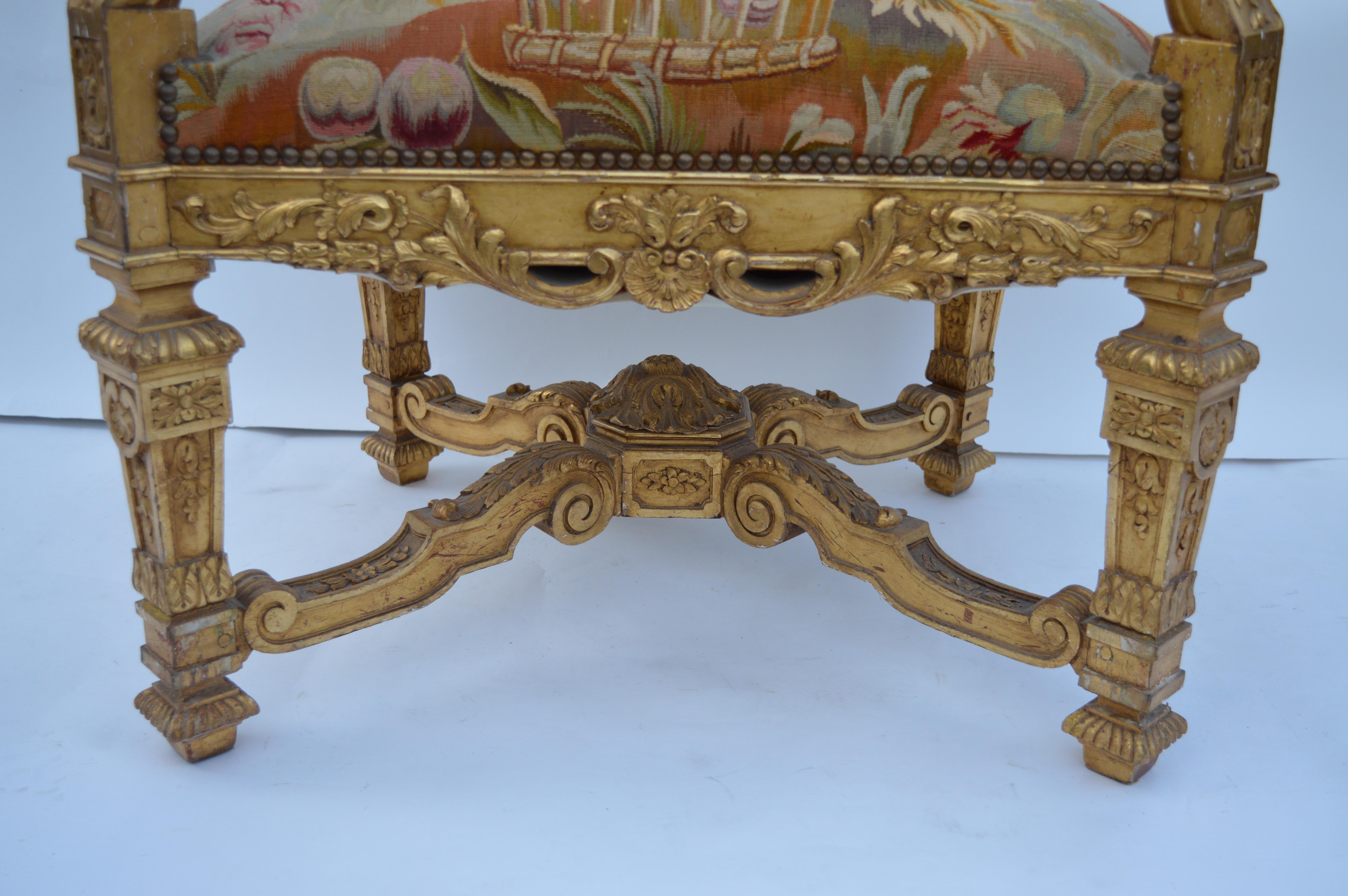 19th Century, French Neoclassical, Water Gilded, Hand-Carved Walnut Armchairs For Sale 12