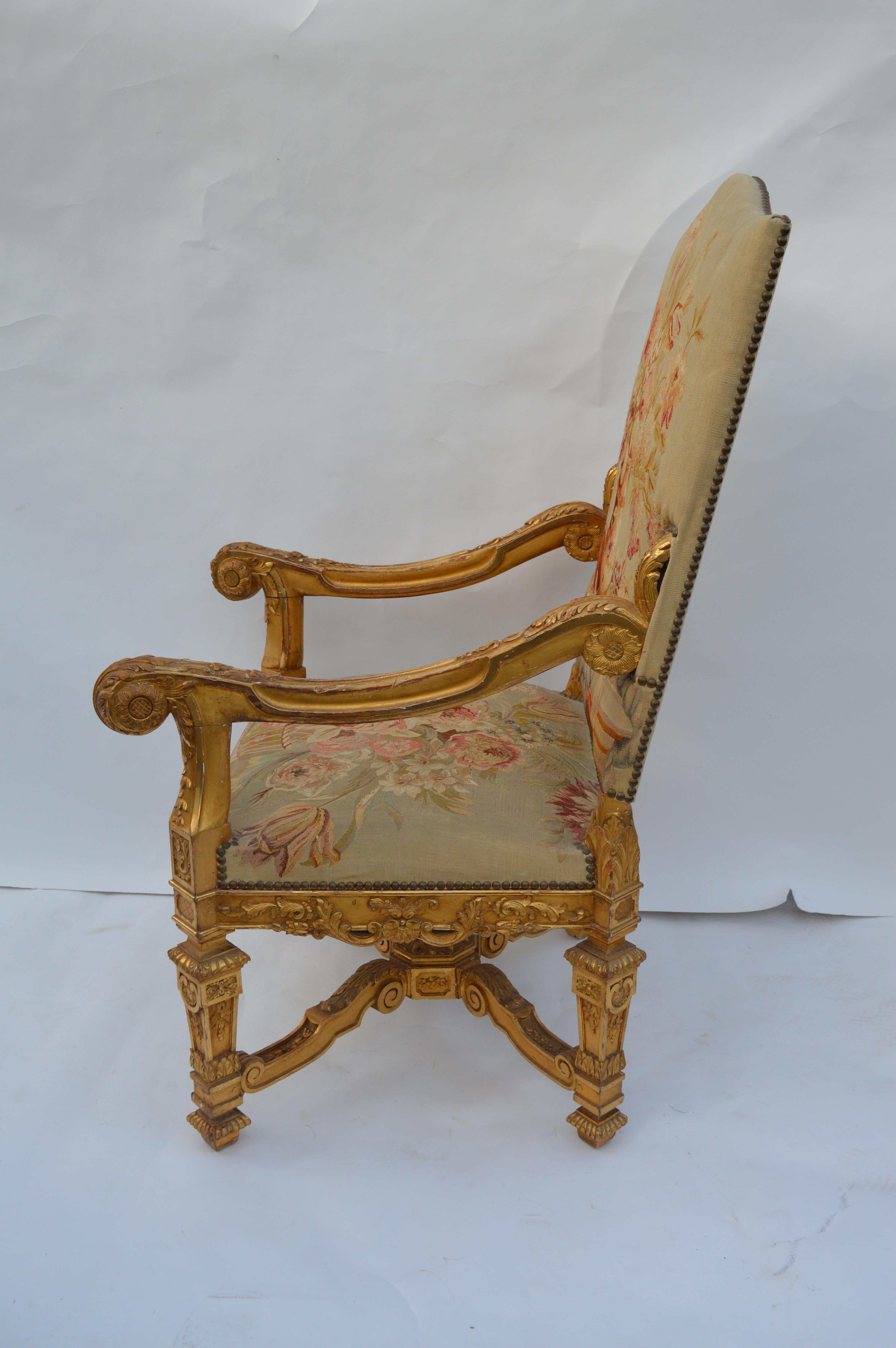 Fabric 19th Century, French Neoclassical, Water Gilded, Hand-Carved Walnut Armchairs For Sale