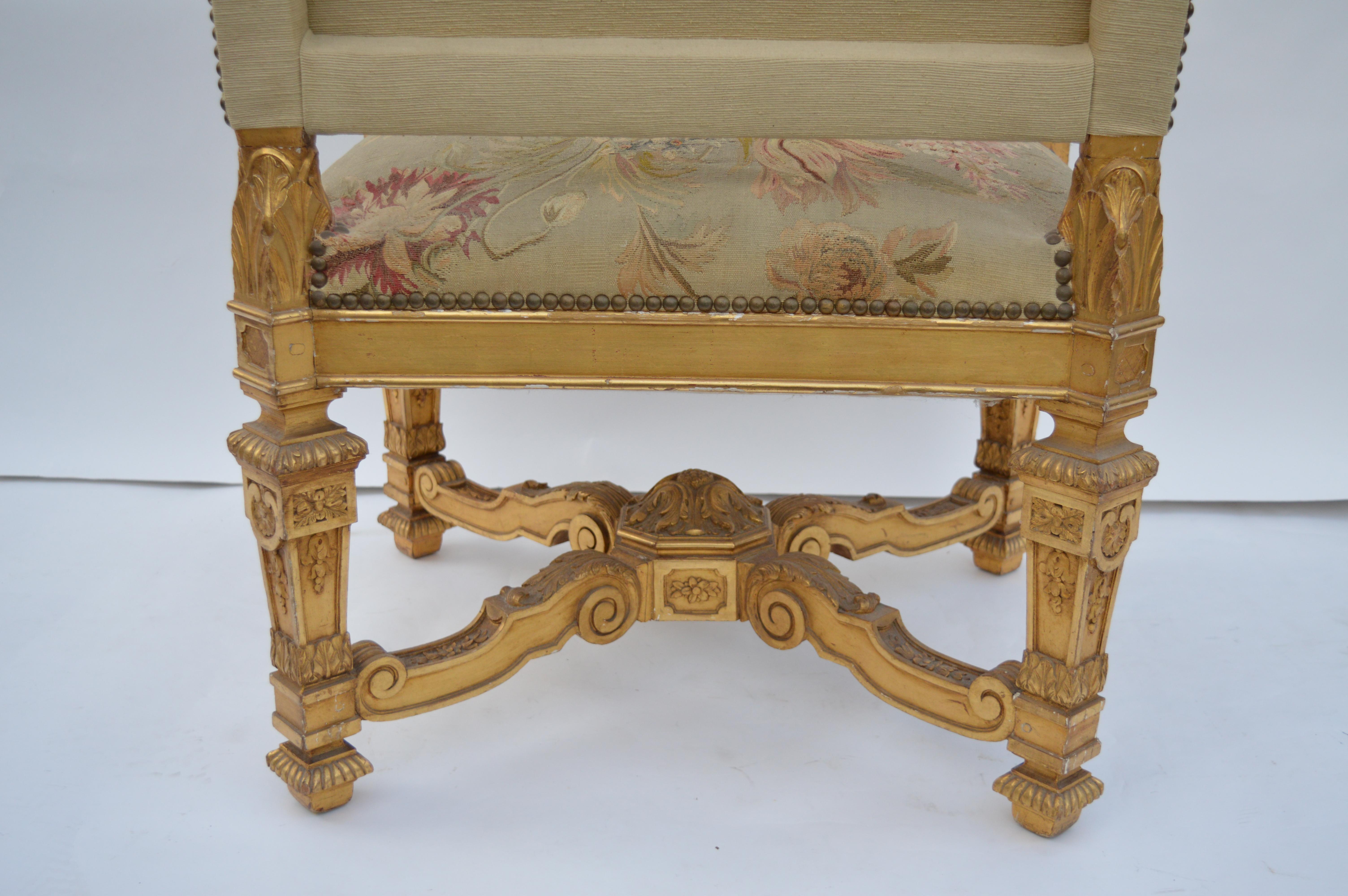 19th Century, French Neoclassical, Water Gilded, Hand-Carved Walnut Armchairs For Sale 2
