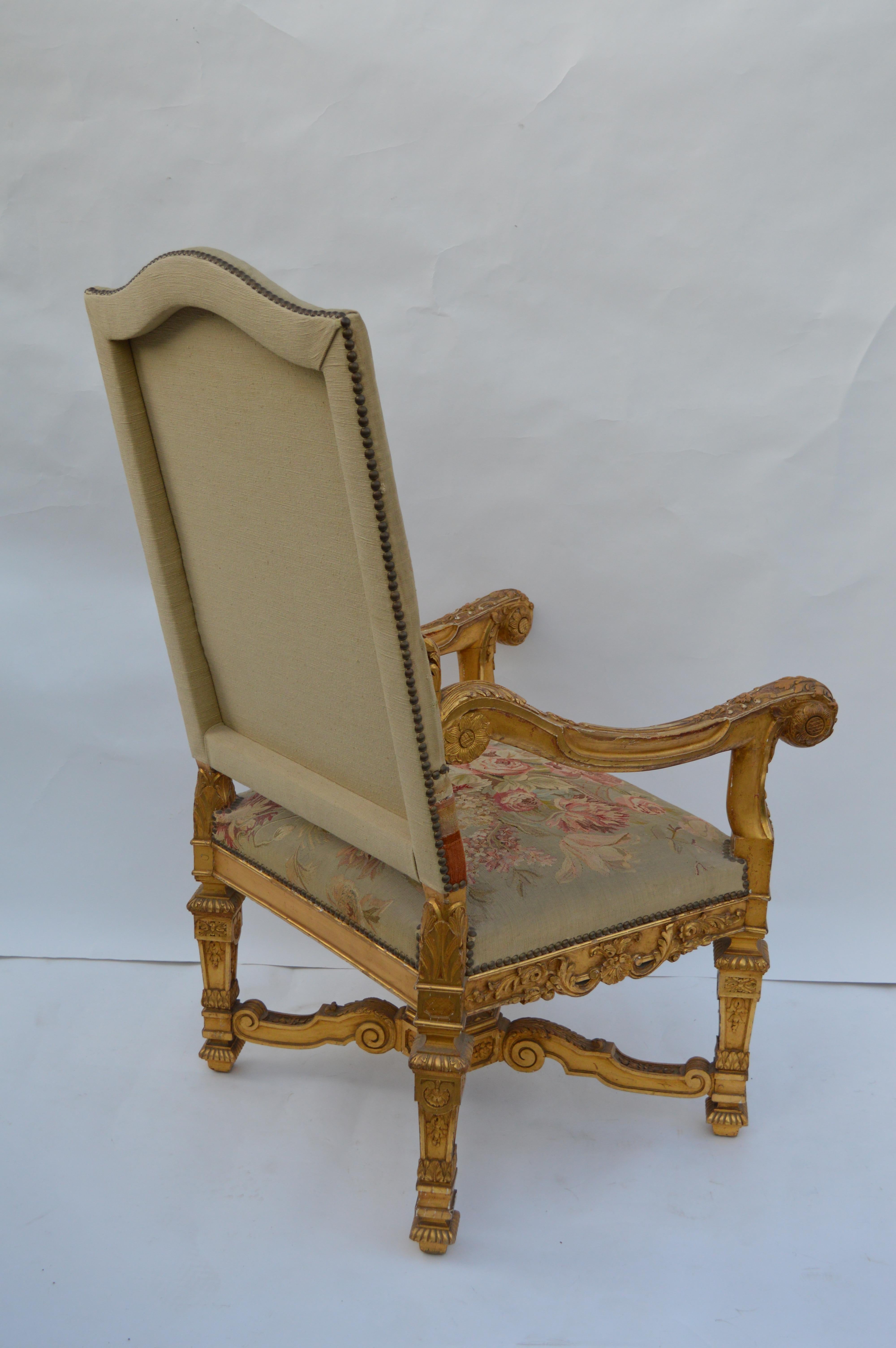 19th Century, French Neoclassical, Water Gilded, Hand-Carved Walnut Armchairs For Sale 3