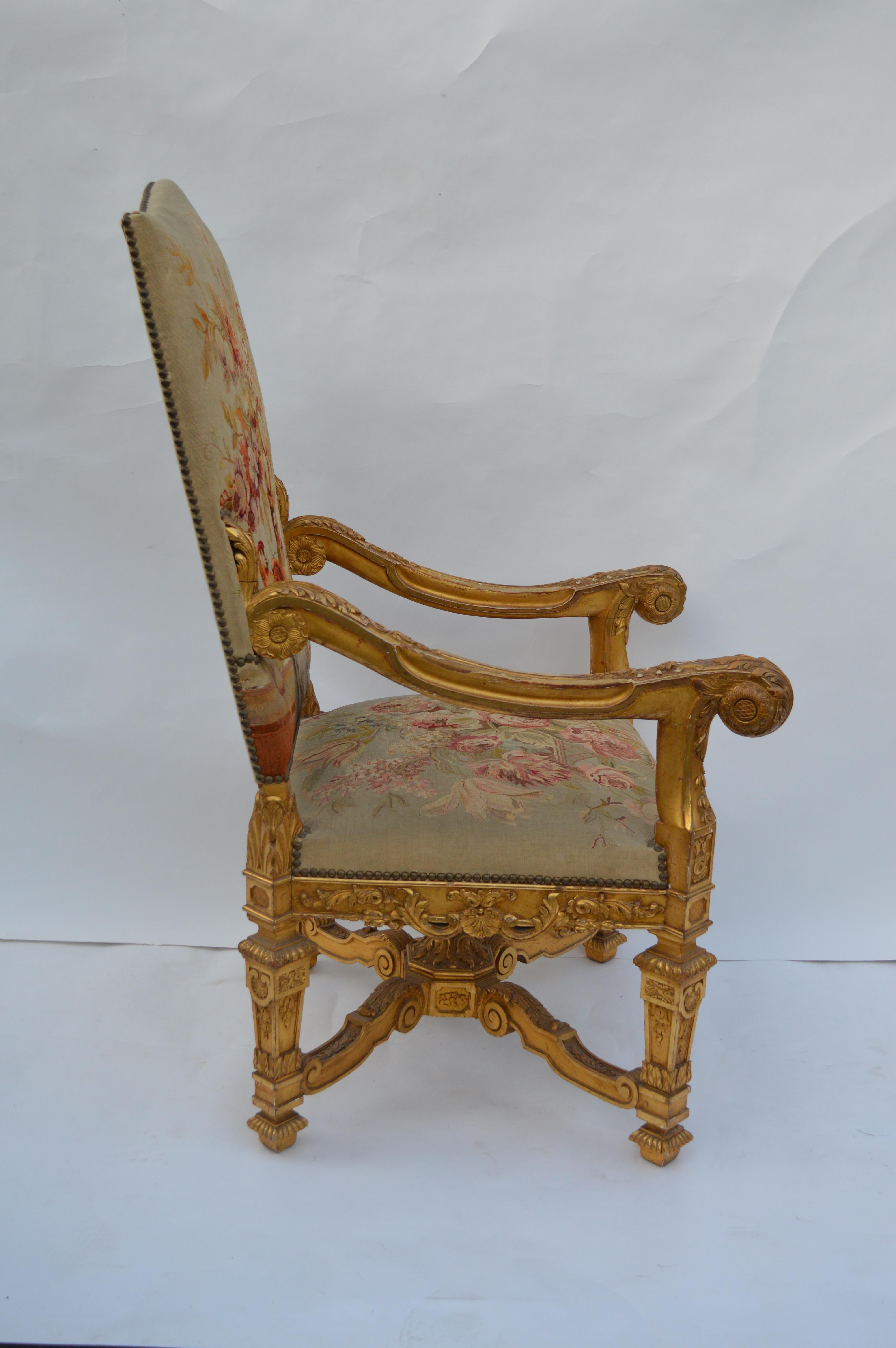 19th Century, French Neoclassical, Water Gilded, Hand-Carved Walnut Armchairs For Sale 4