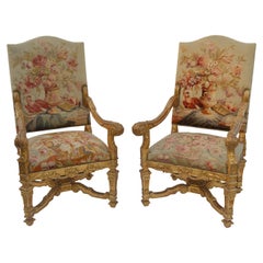 19th Century, French Neoclassical, Water Gilded, Hand-Carved Walnut Armchairs