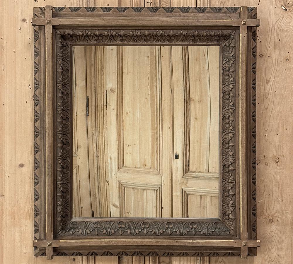 Hand-Crafted 19th Century French Neogothic Oak Mirror For Sale