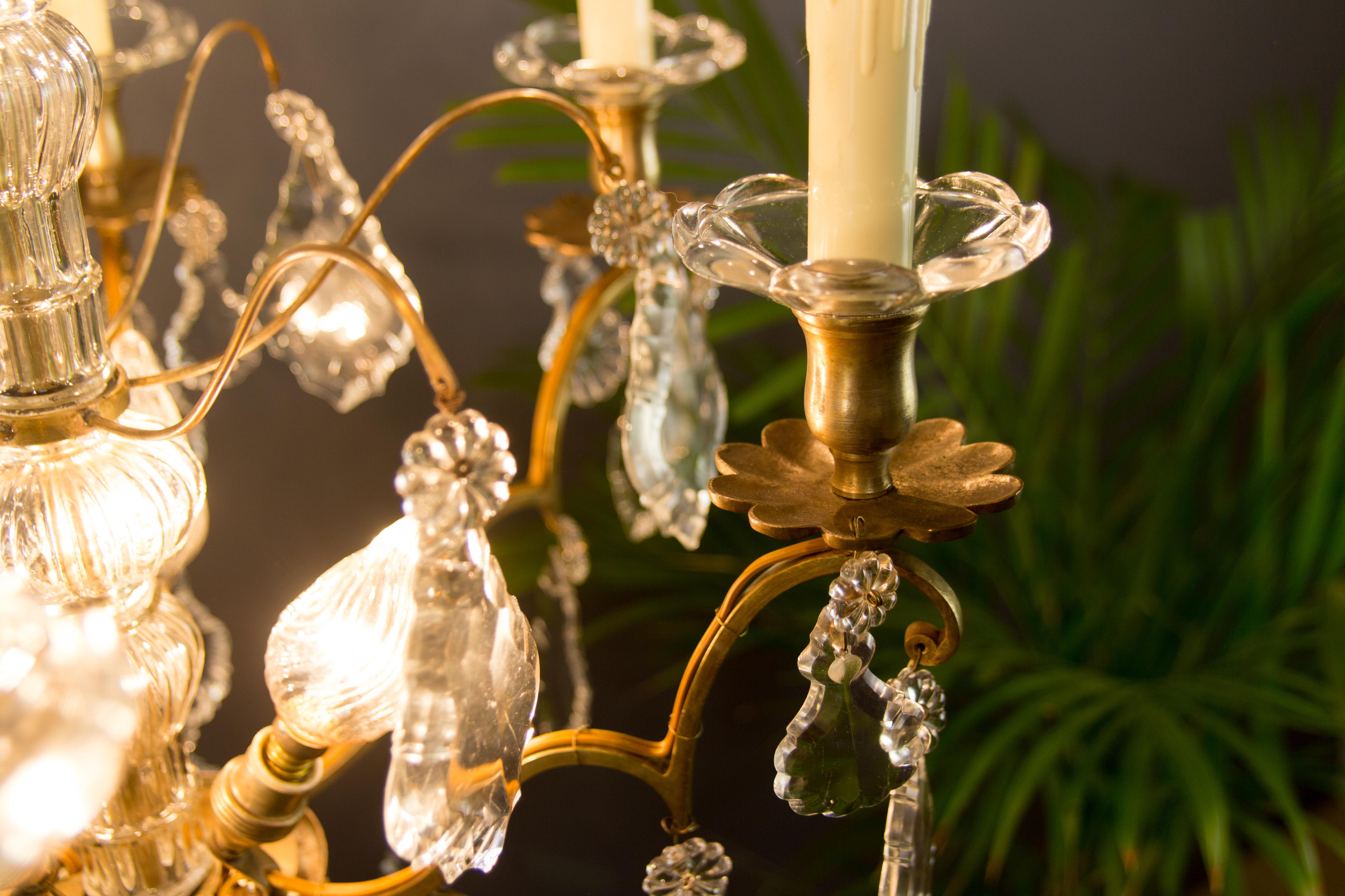 19th Century French Nine–Light Brass and Crystal Chandelier 6