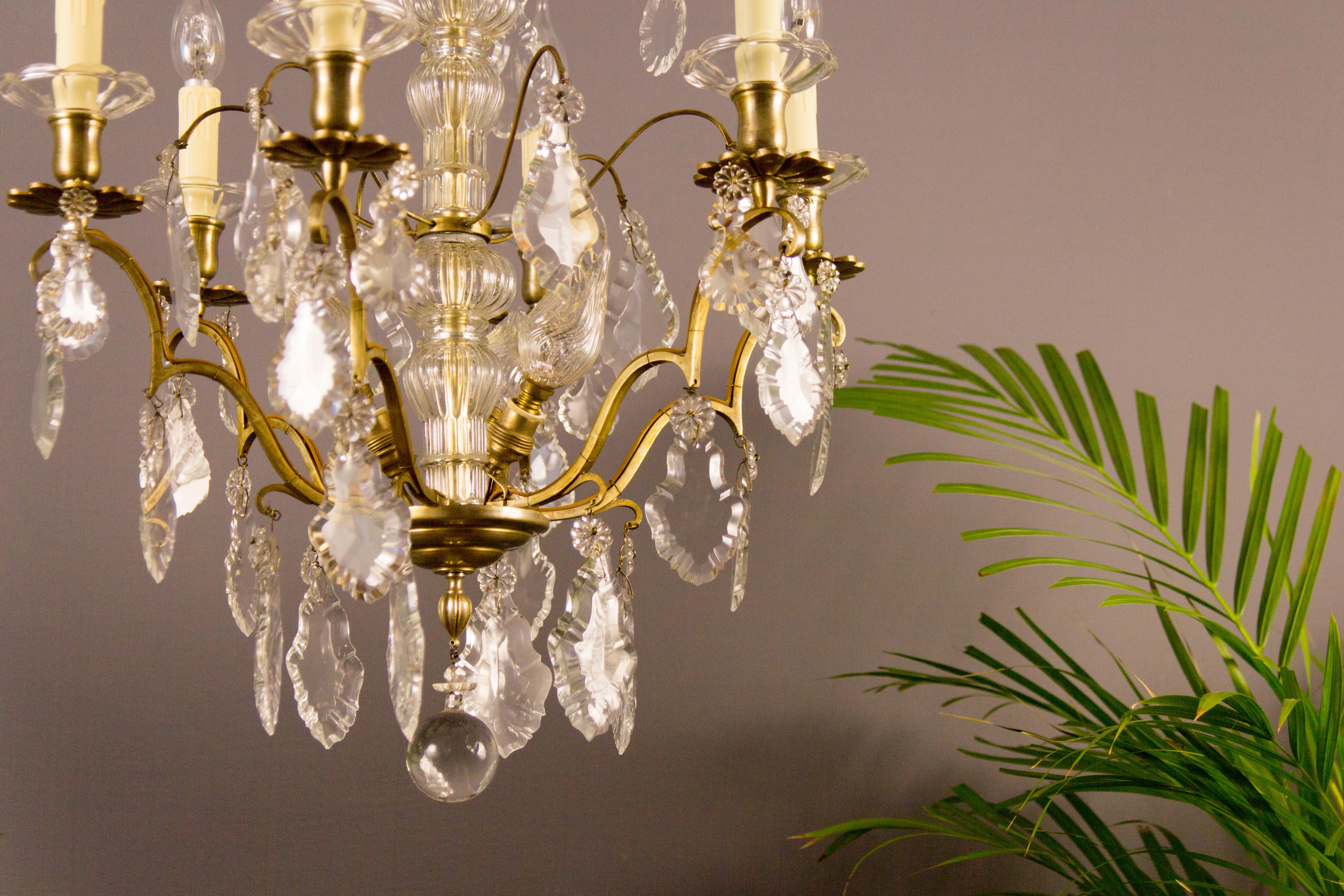 19th Century French Nine–Light Brass and Crystal Chandelier 8