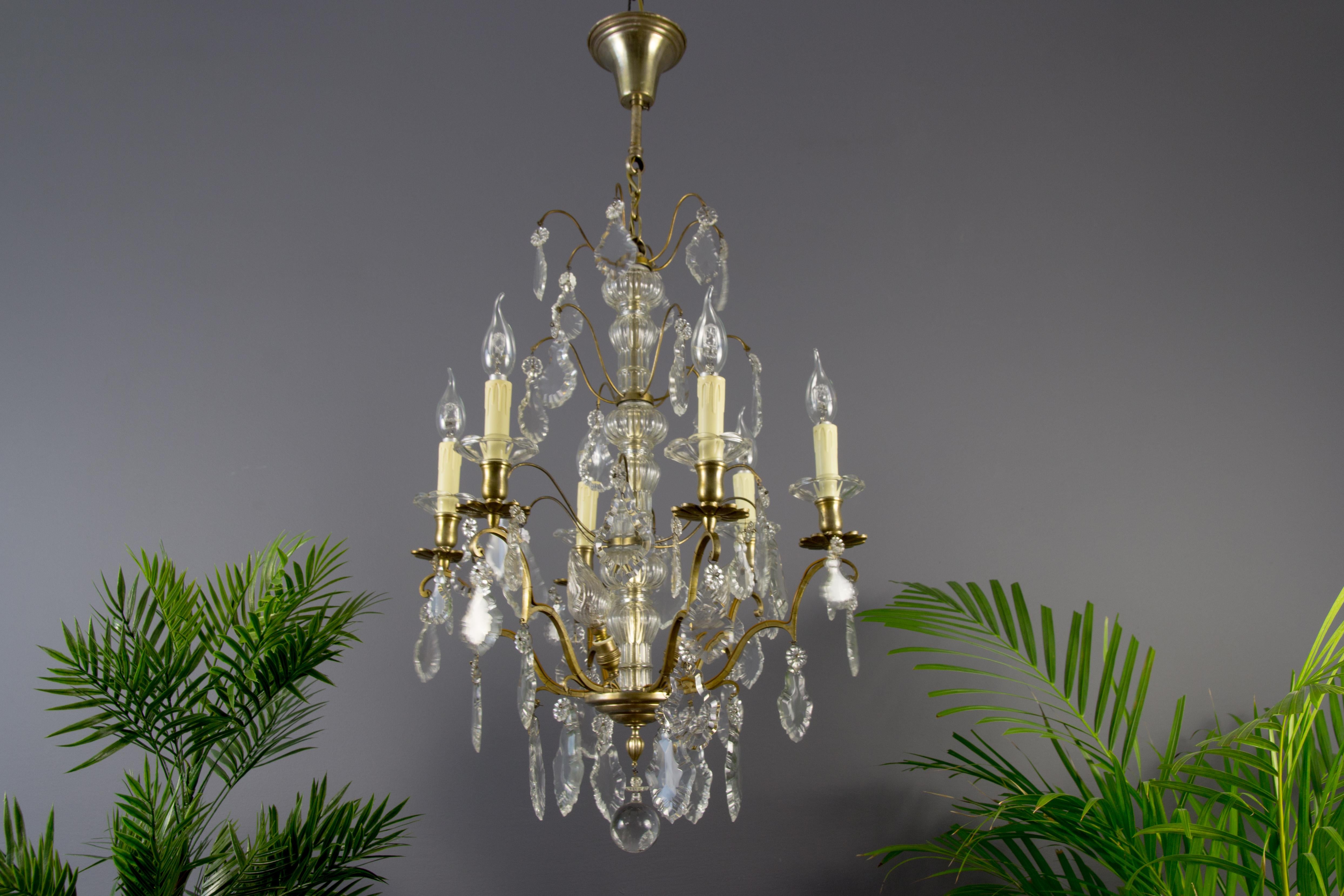19th Century French Nine–Light Brass and Crystal Chandelier 1
