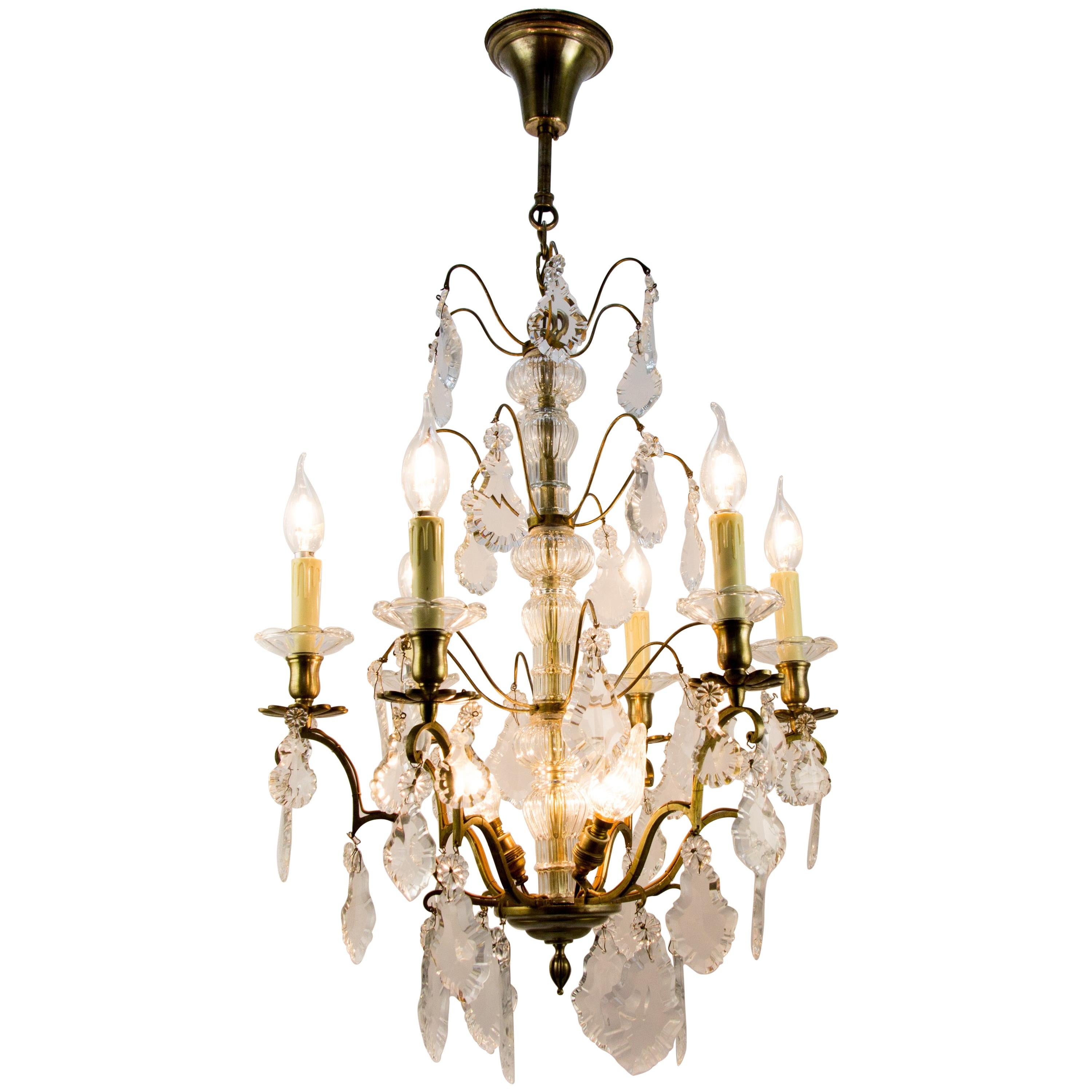 19th Century French Nine–Light Brass and Crystal Chandelier