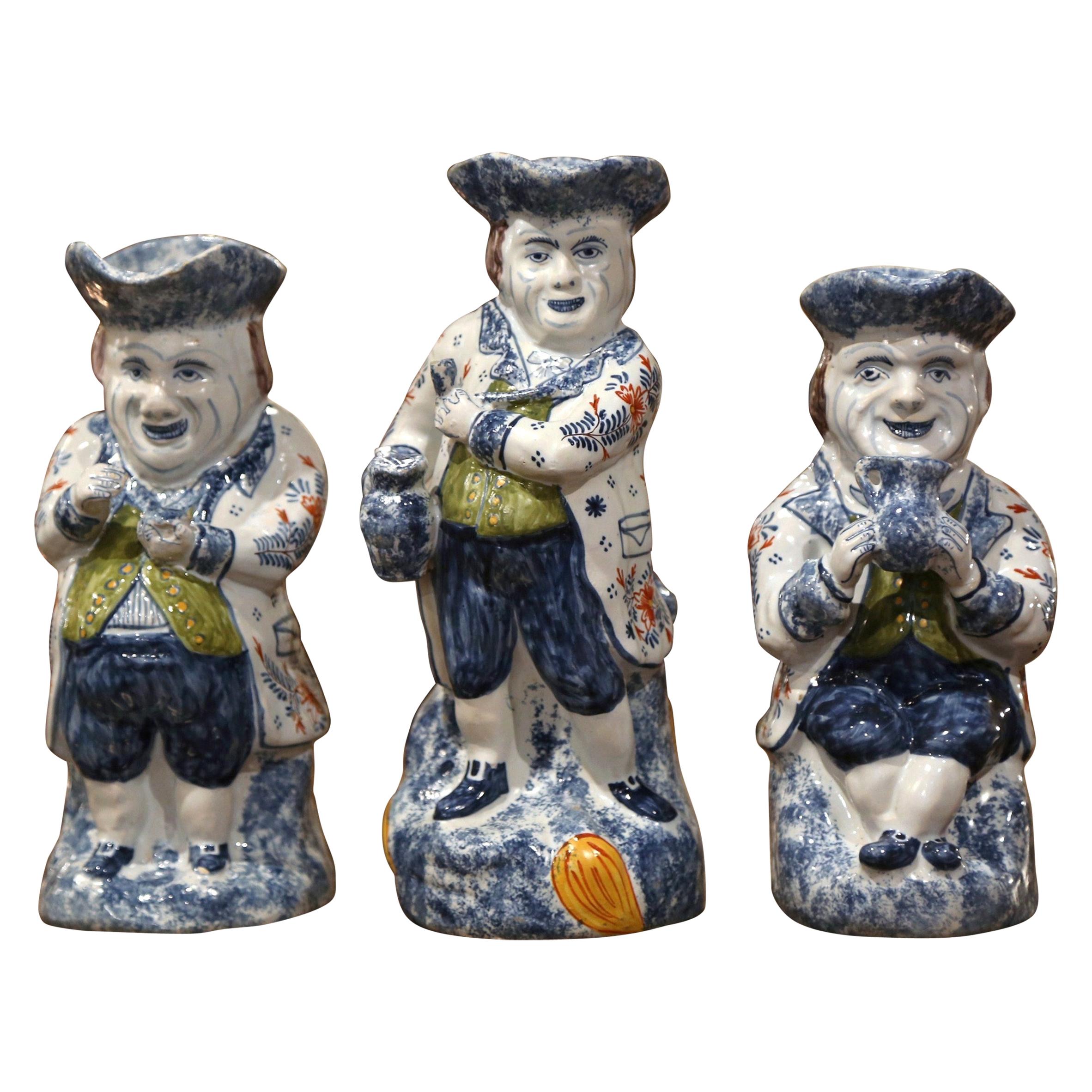 19th Century French Normand Painted Barbotine Ceramic Pitchers, Set of Three For Sale