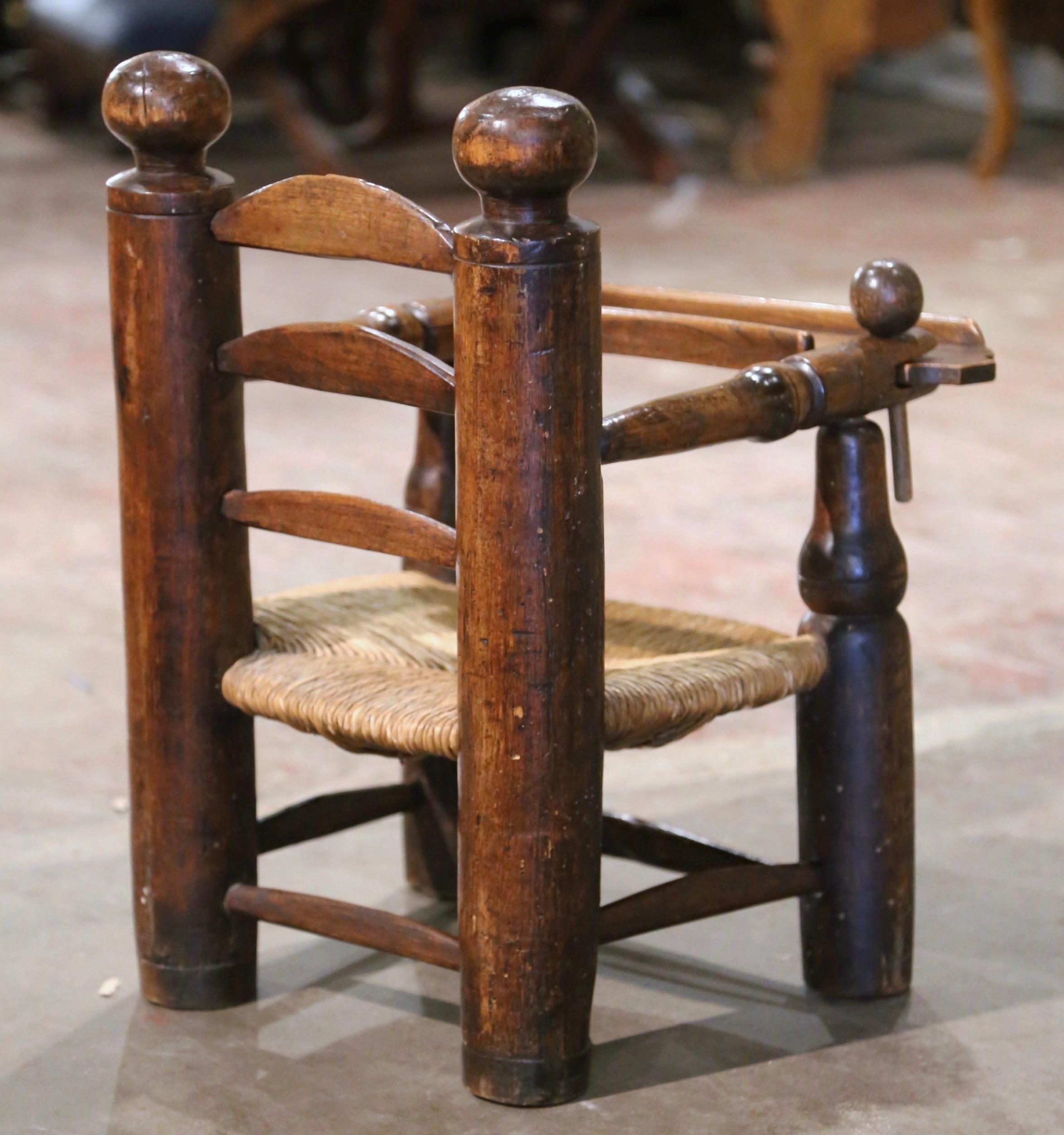 19th Century French Normandy Carved Oak Child Feeding Chair with Rush Seat  For Sale 5