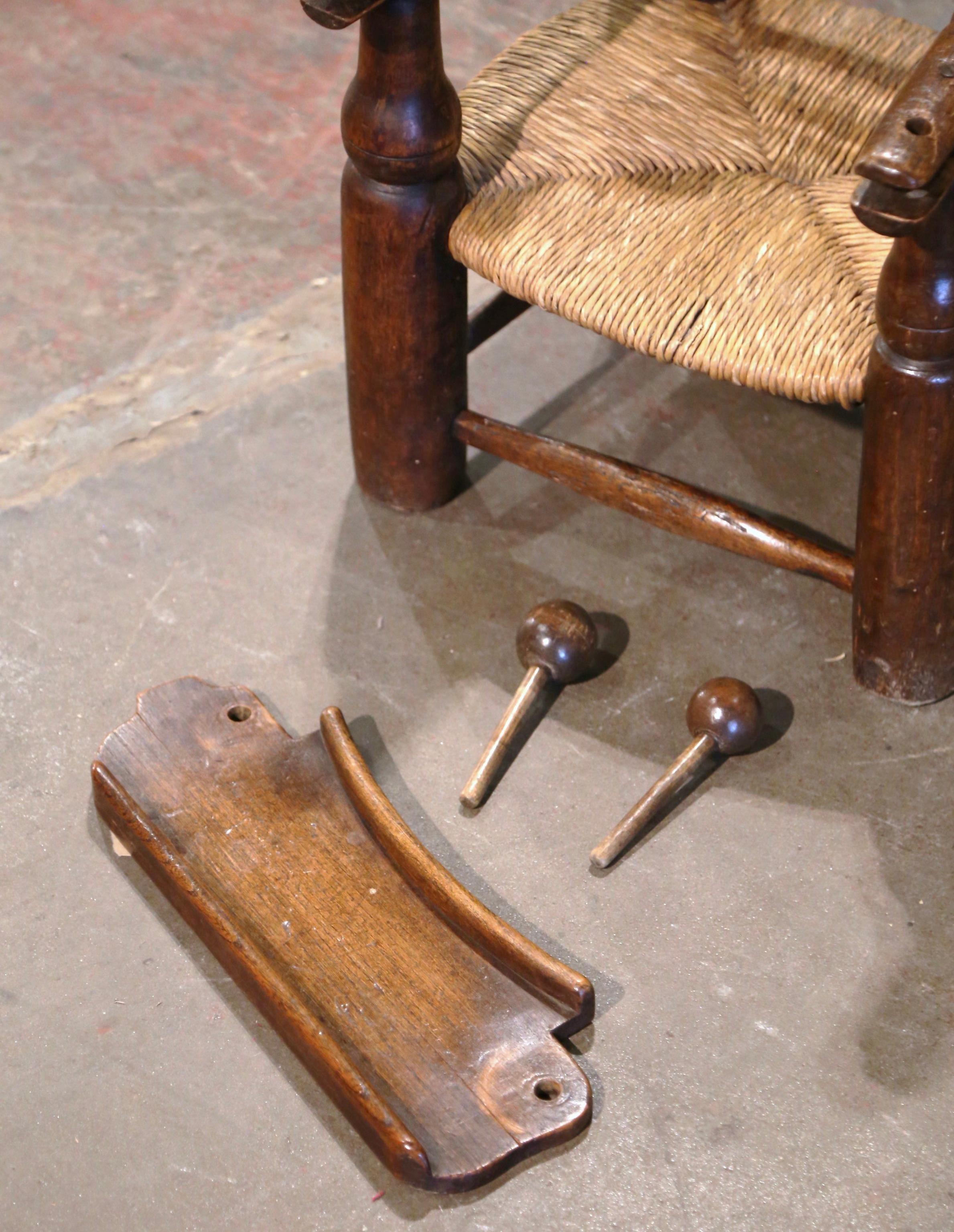 19th Century French Normandy Carved Oak Child Feeding Chair with Rush Seat  For Sale 1