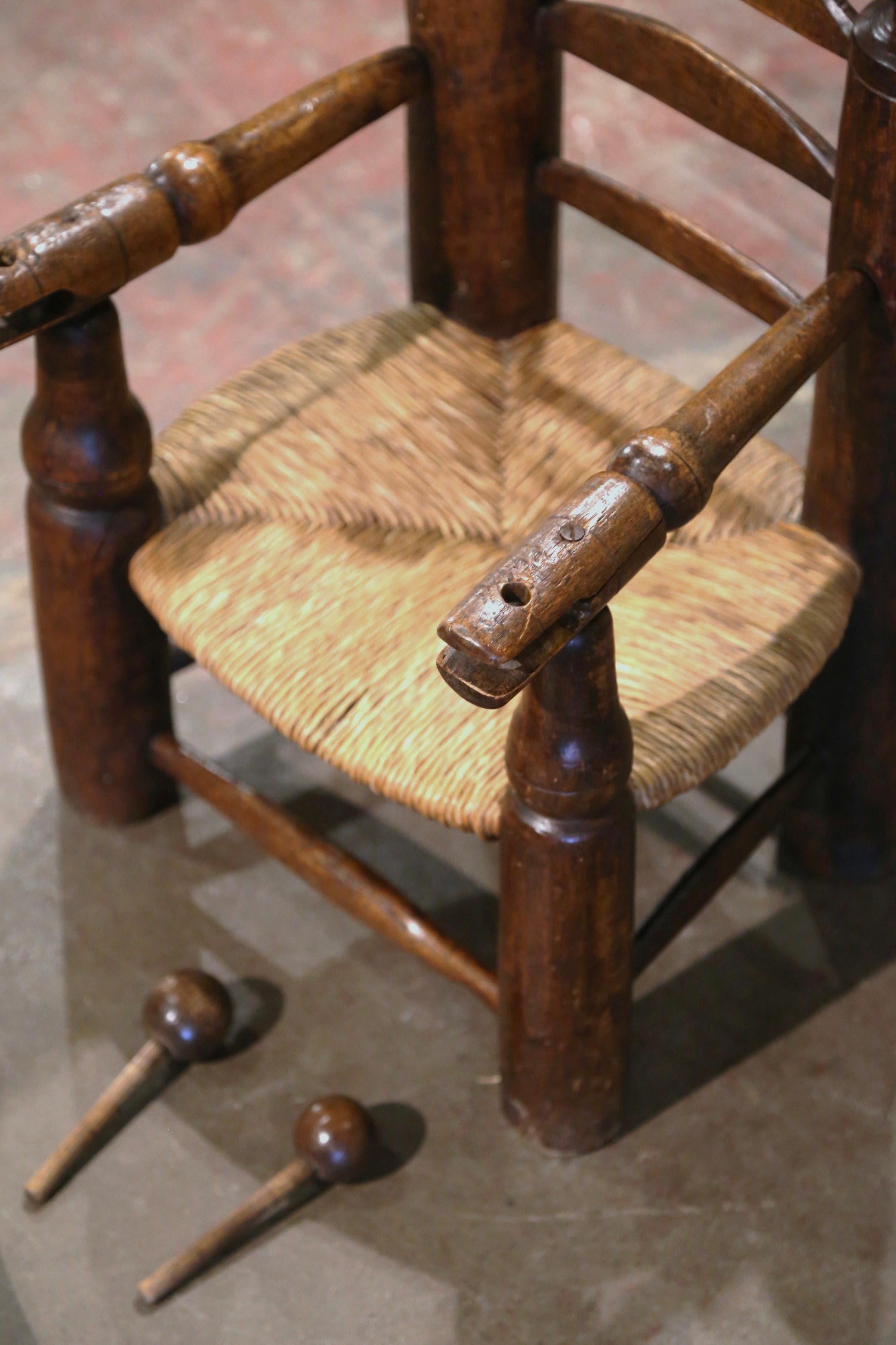 19th Century French Normandy Carved Oak Child Feeding Chair with Rush Seat  For Sale 2
