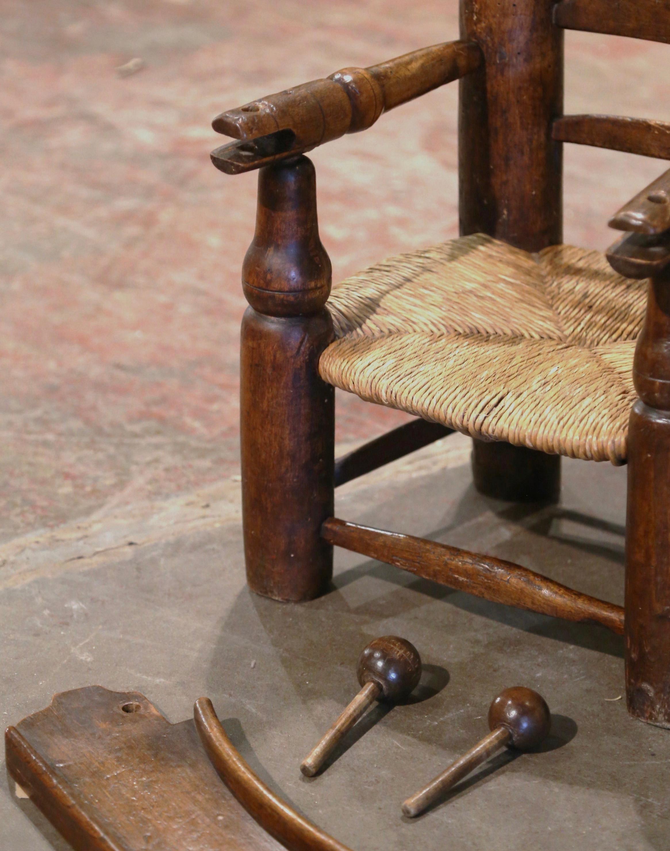 19th Century French Normandy Carved Oak Child Feeding Chair with Rush Seat  For Sale 3