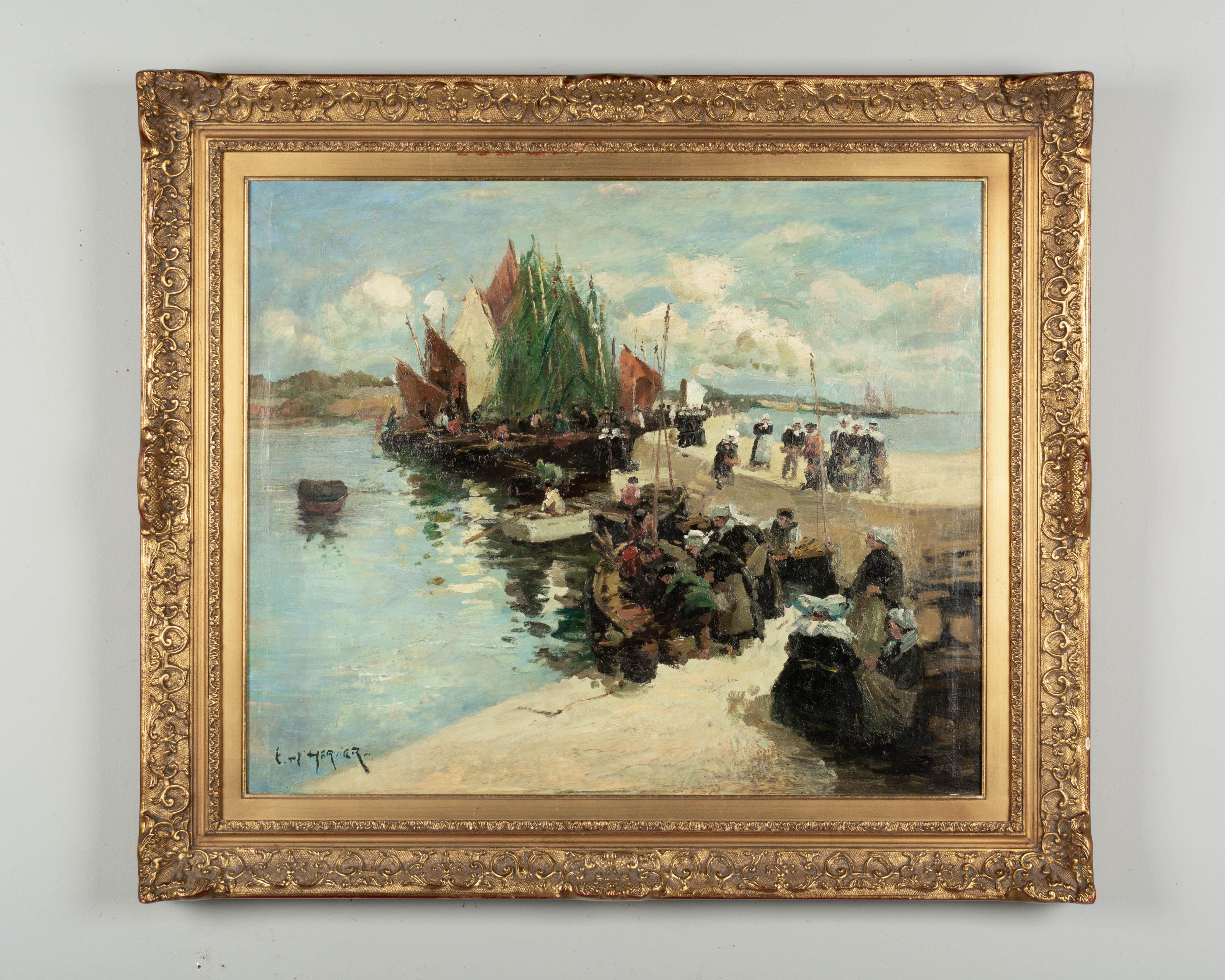 A French painting depicting a Normandy fisherman's wharf with boats in the background and women in traditional dress on the dock in the foreground, helping to bring in the catch. Oil on canvas, painted in an Impressionist style with thick impasto