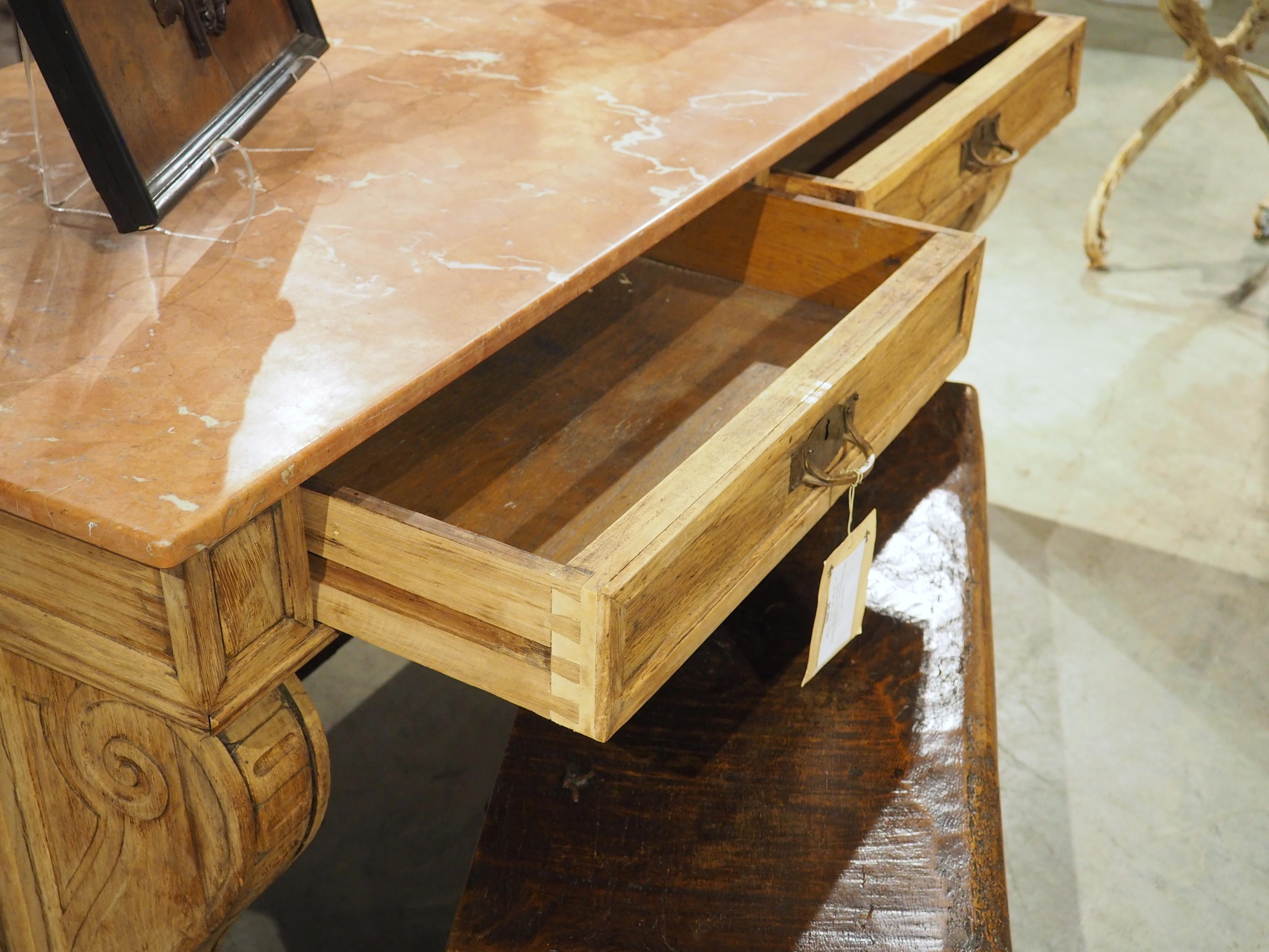 19th Century French Oak 2-Drawer Console Table with Marble Top For Sale 15
