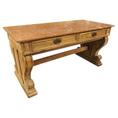 Consola de 2 cajones de roble francés del siglo XIX con tapa de mármol