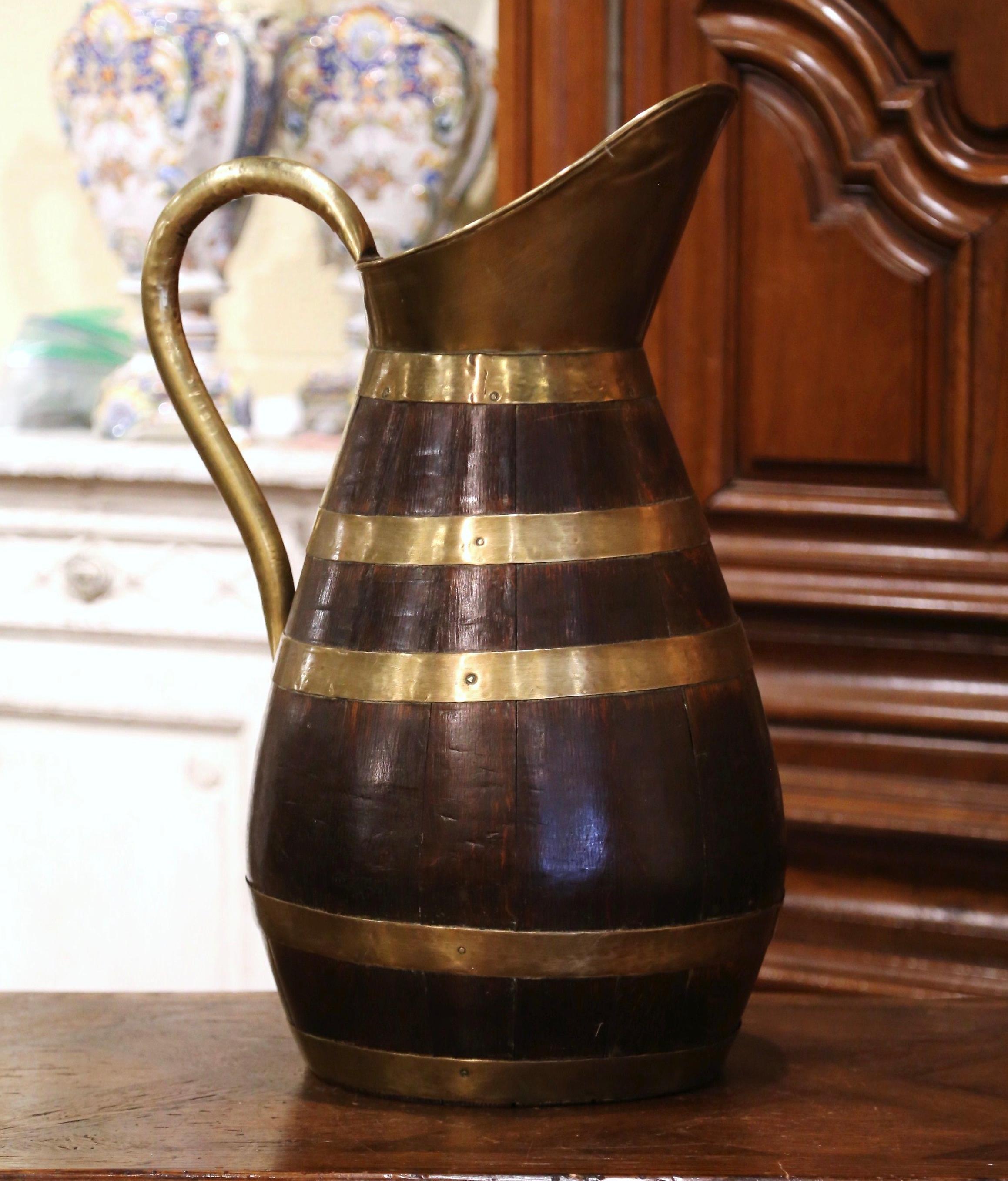 Country 19th Century French Oak and Brass Banded Cider Pitcher Jug from Normandy