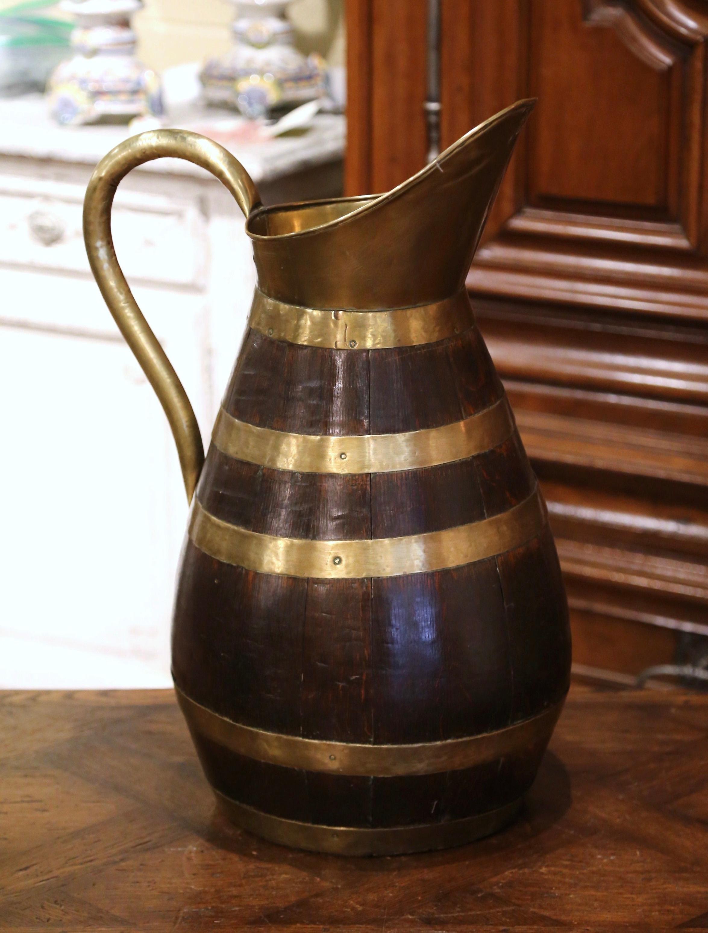 19th Century French Oak and Brass Banded Cider Pitcher Jug from Normandy 1