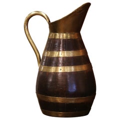 19th Century French Oak and Brass Banded Cider Pitcher Jug from Normandy