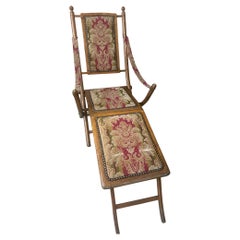 19th Century French Oak and Fabric Foldable Chaise Lounge, 1890s