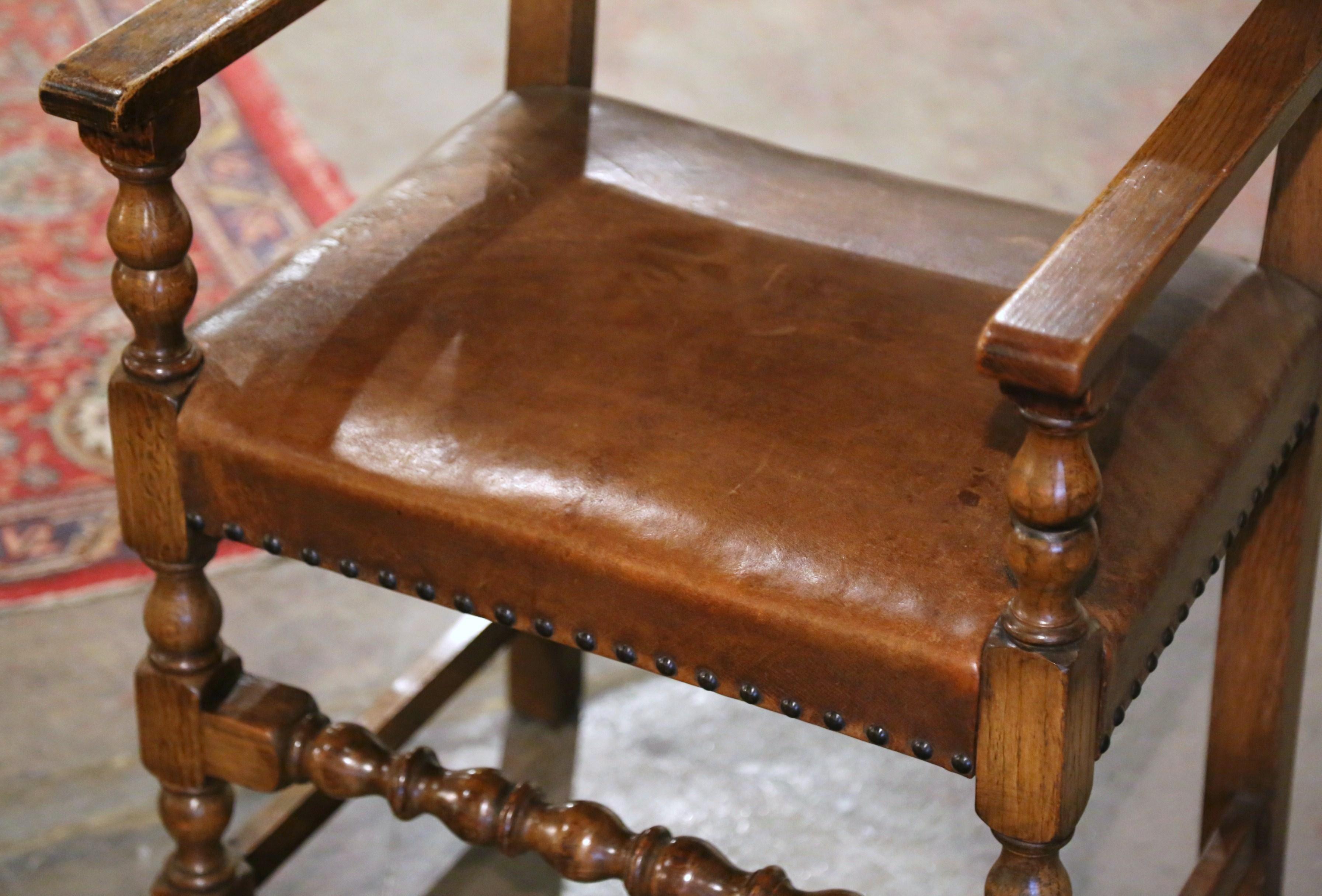 Louis XIII 19th Century French Oak and Leather Desk Armchair from the Pyrenees For Sale