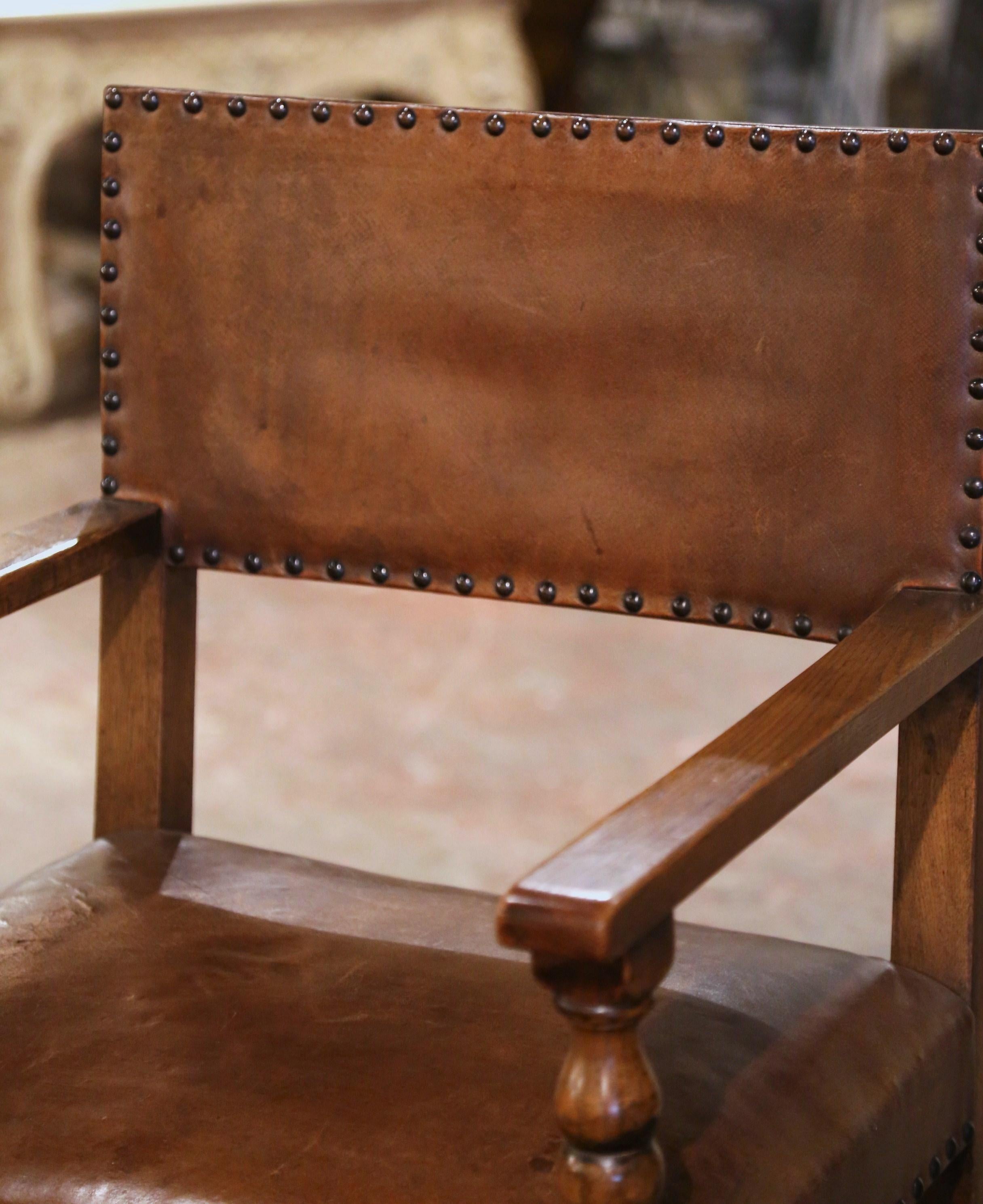 Patinated 19th Century French Oak and Leather Desk Armchair from the Pyrenees For Sale