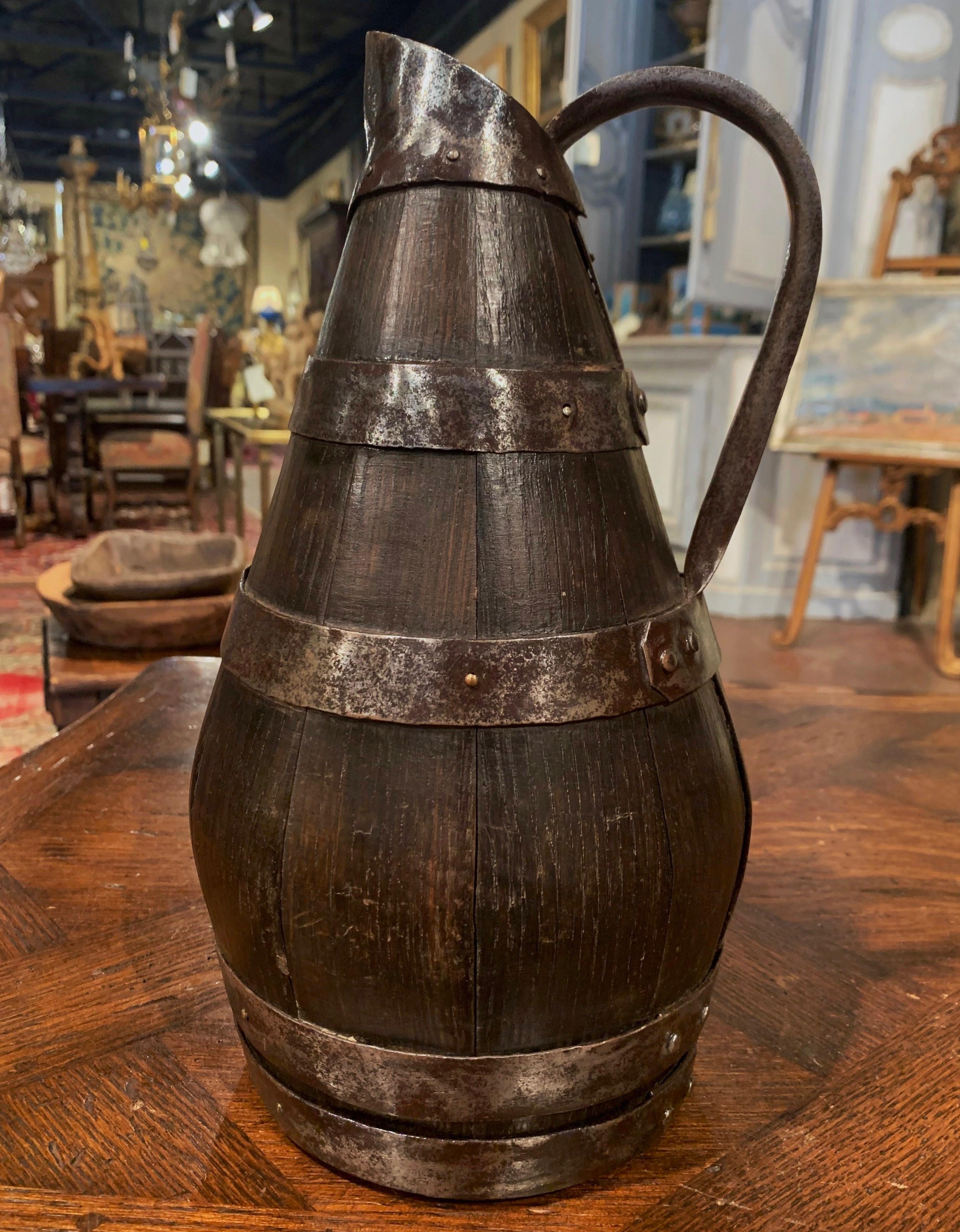 Hand-Carved 19th Century French Oak and Metal Cider Pitcher from Normandy