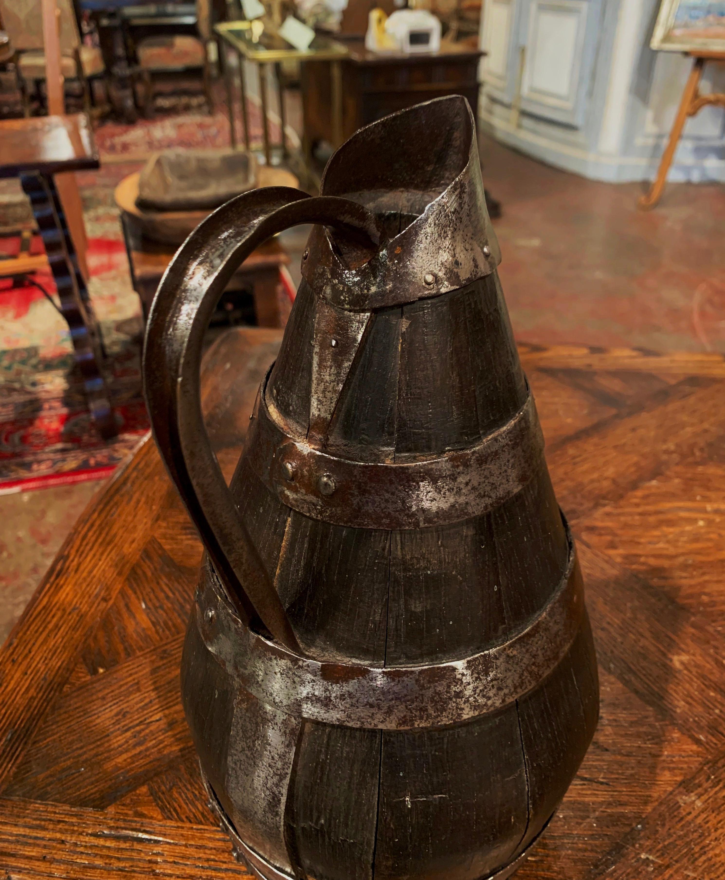 19th Century French Oak and Metal Cider Pitcher from Normandy In Excellent Condition In Dallas, TX