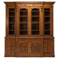 Antique 19th Century, French, Oak Breakfront Bookcase / Cabinet