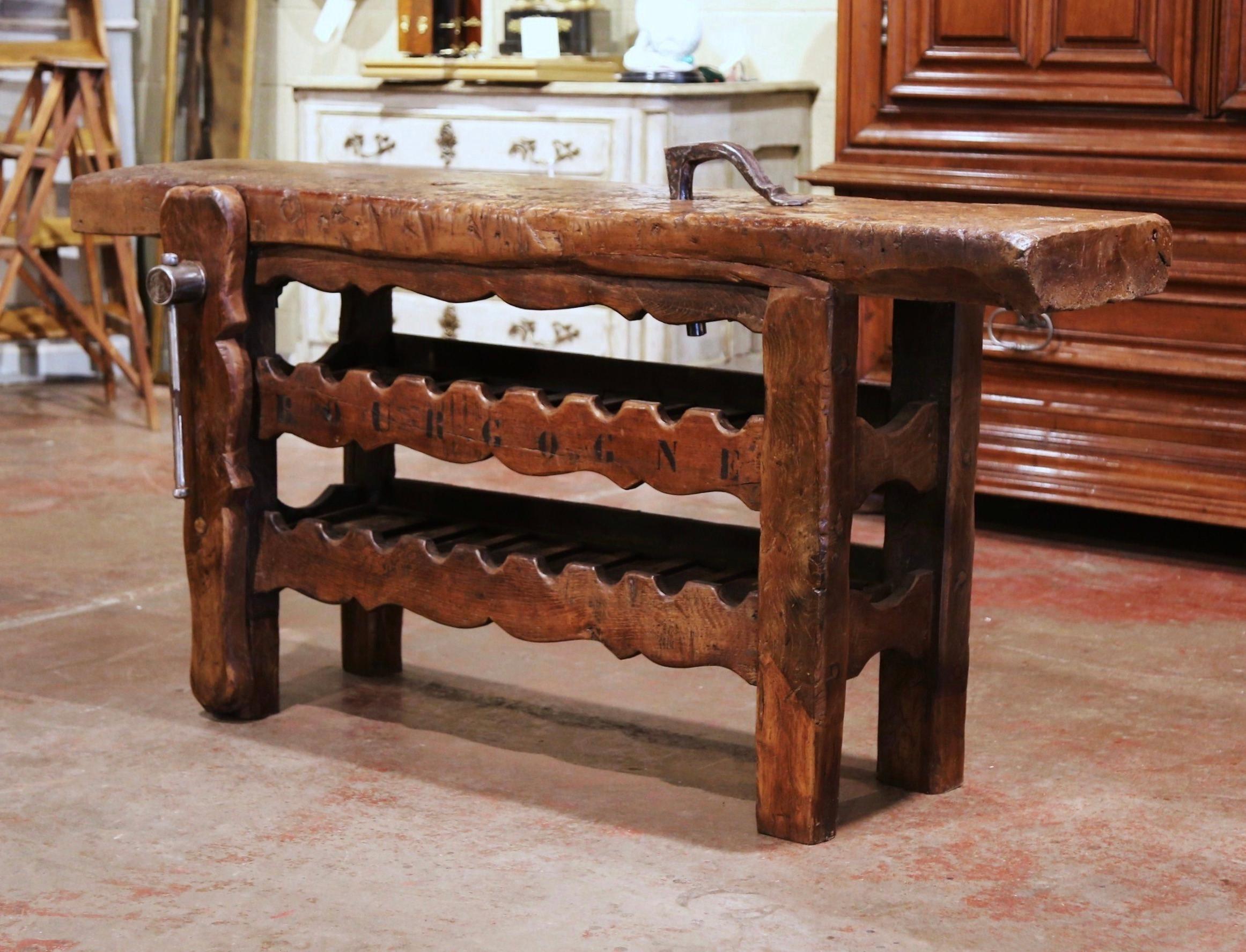 Hand-Carved 19th Century French Oak Carpenter Press Table with 18 Bottles Storage Rack