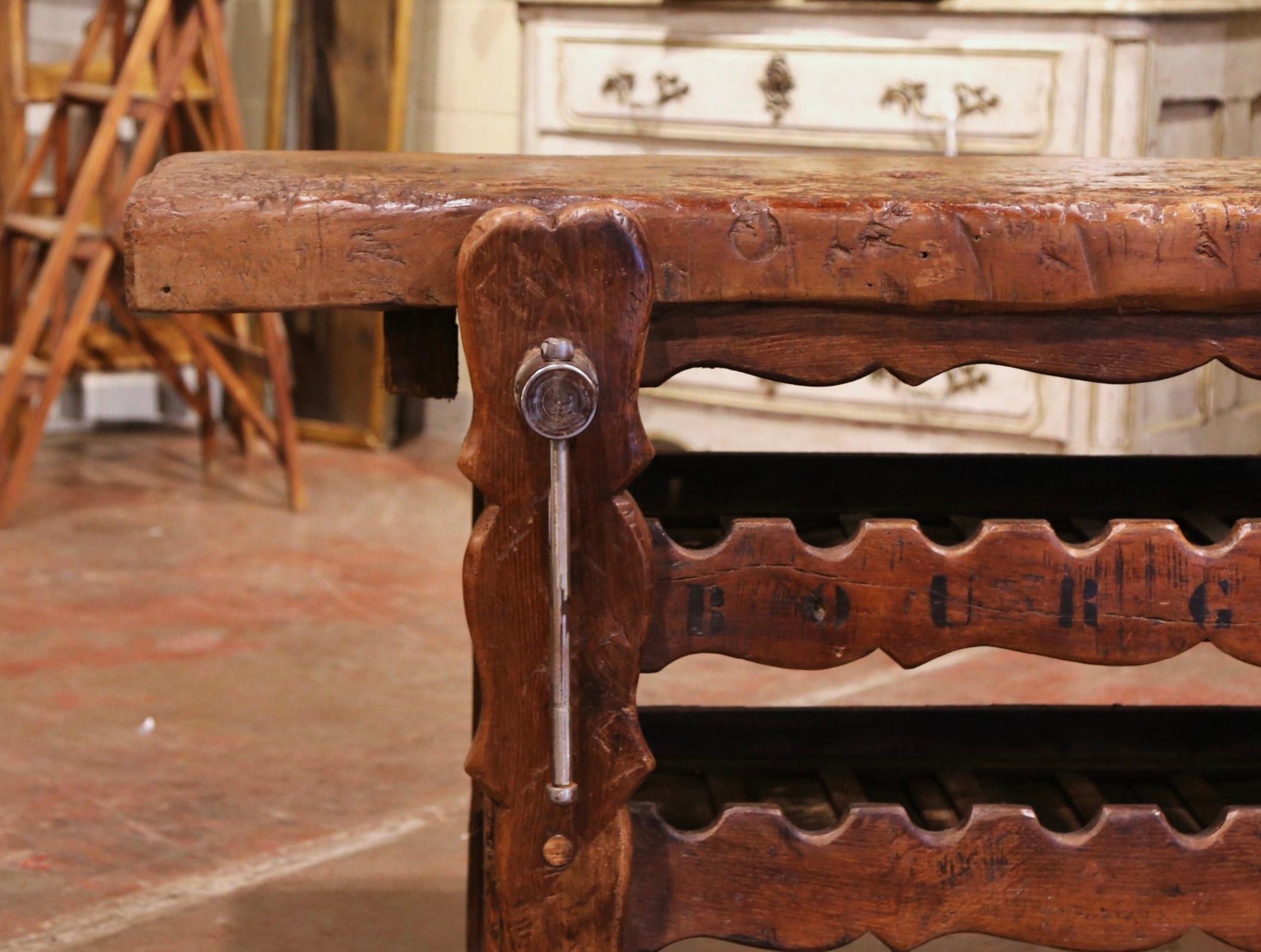 19th Century French Oak Carpenter Press Table with 18 Bottles Storage Rack In Excellent Condition In Dallas, TX