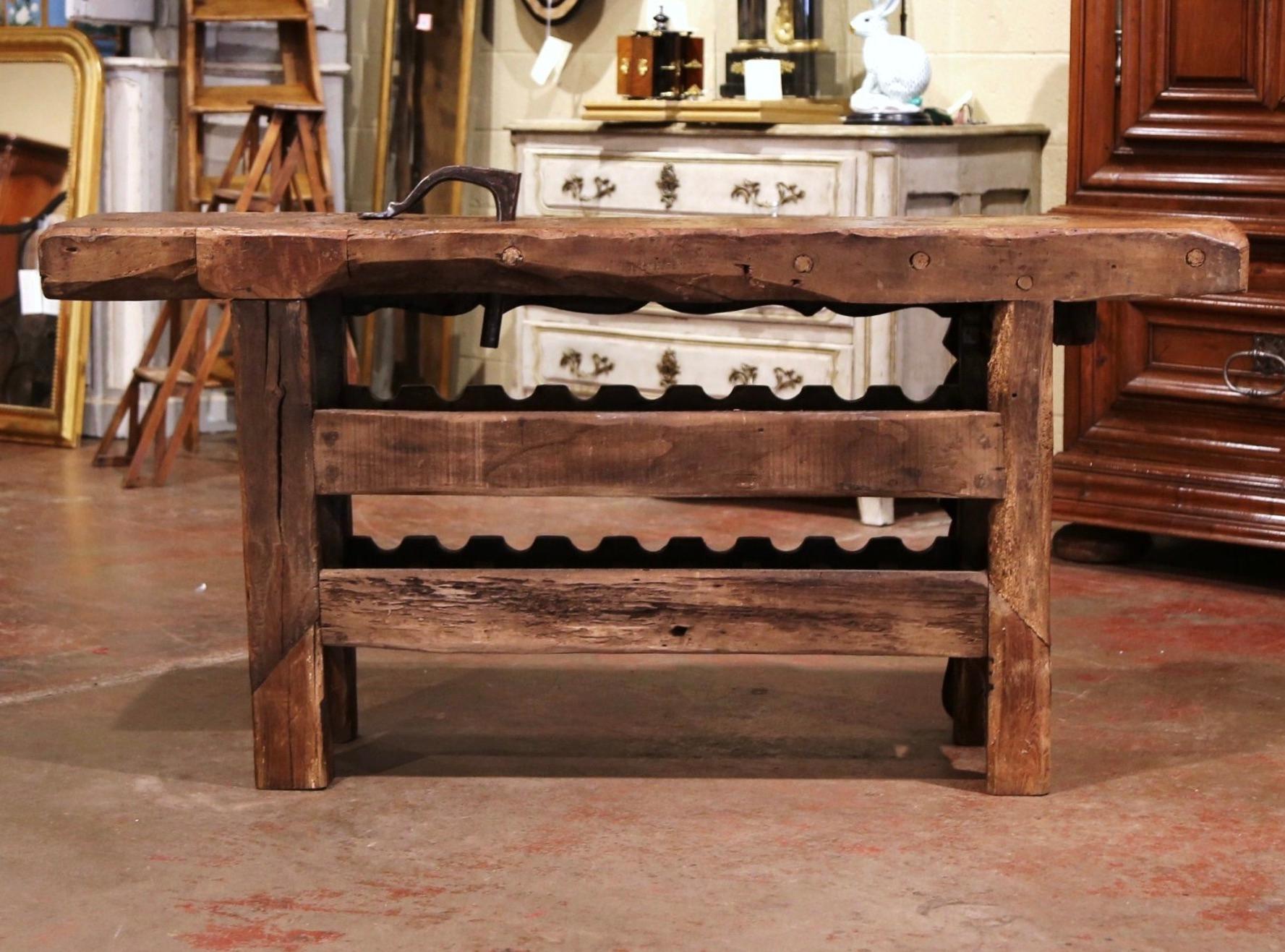 19th Century French Oak Carpenter Press Table with 18 Bottles Storage Rack 2