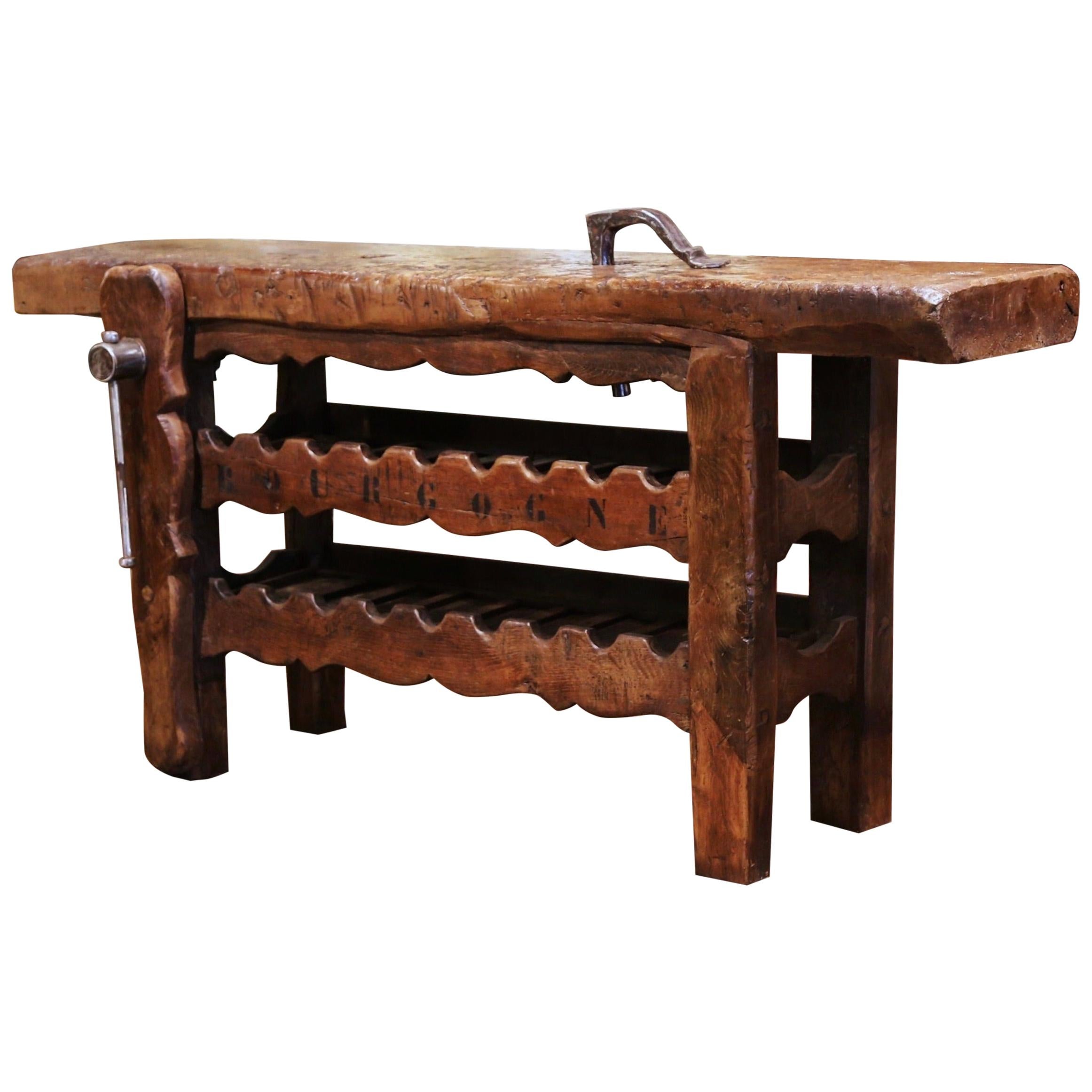 19th Century French Oak Carpenter Press Table with 18 Bottles Storage Rack