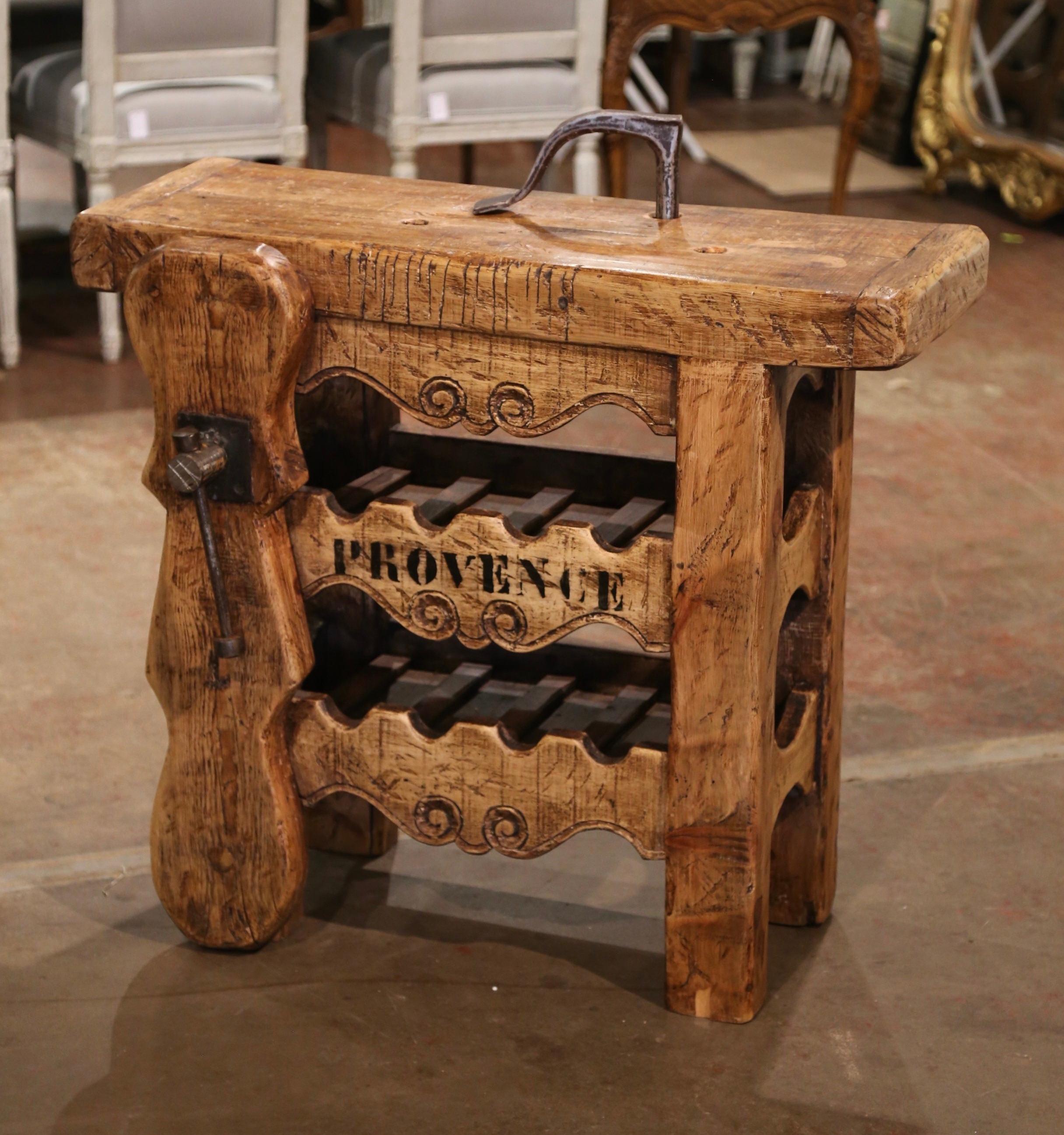 Hand-Carved 19th Century French Oak Carpenter Press Table with Eight-Bottle Storage Rack For Sale