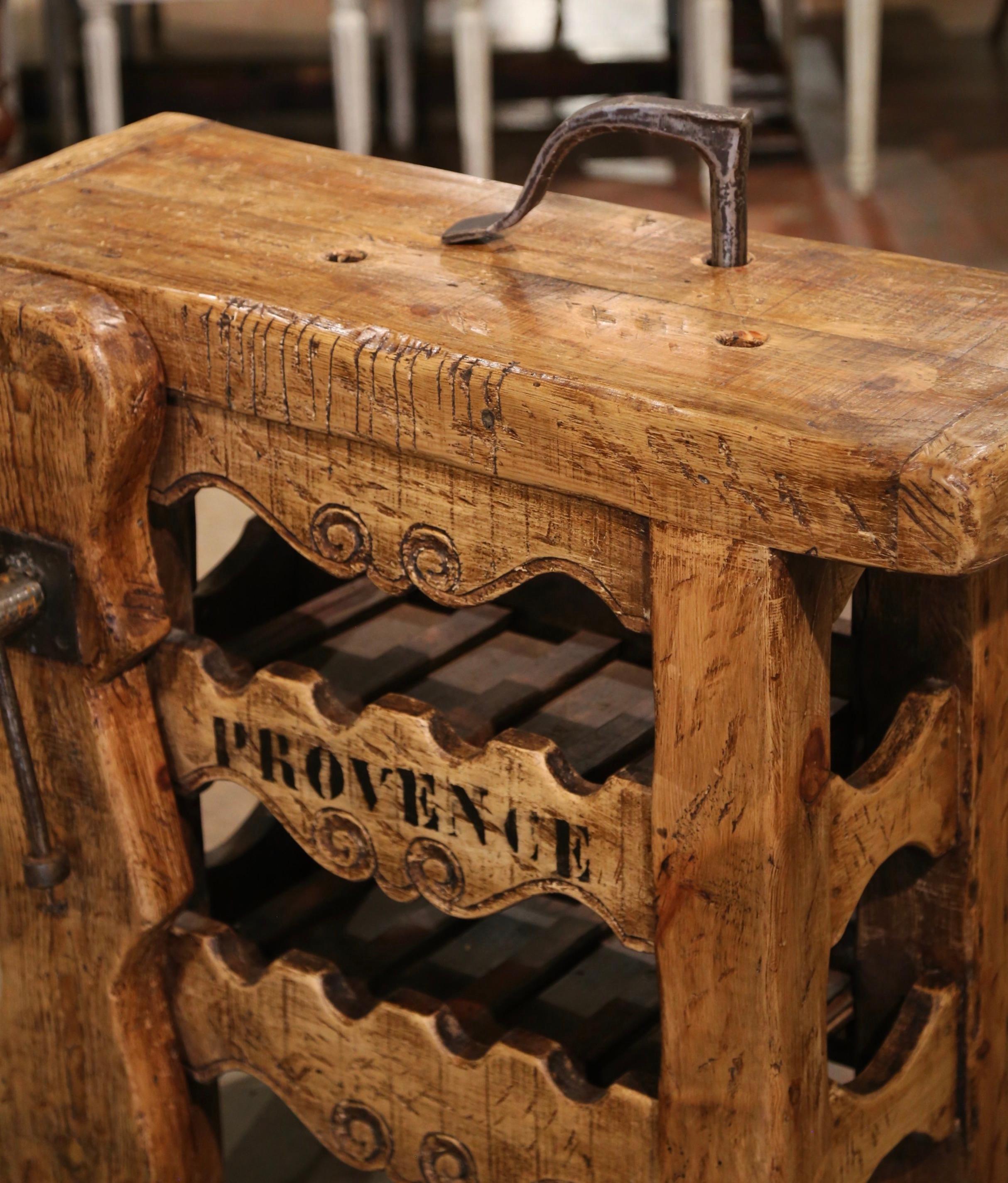 19th Century French Oak Carpenter Press Table with Eight-Bottle Storage Rack In Excellent Condition For Sale In Dallas, TX