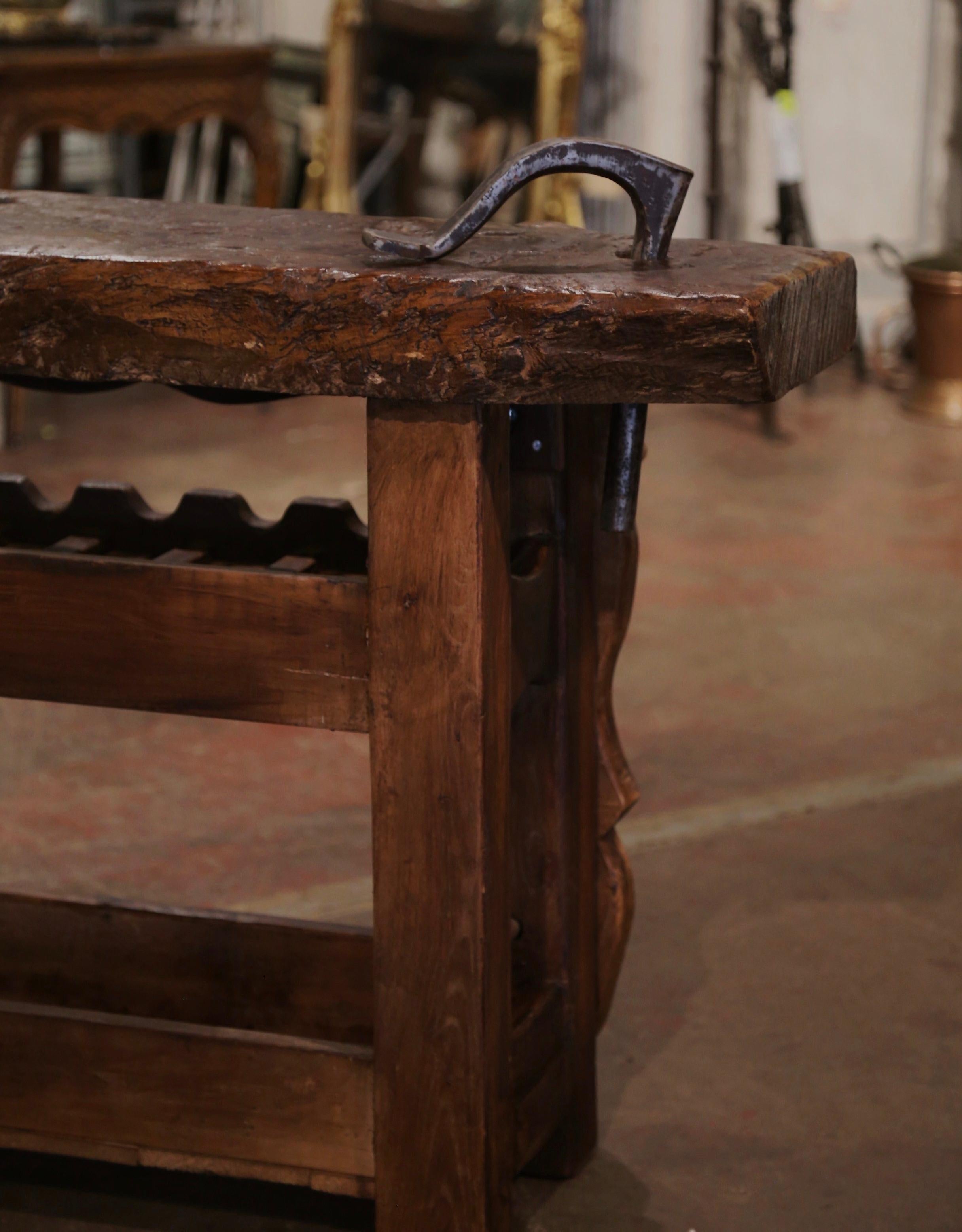 19th Century French Oak Carpenter Press Table with Five-Bottle Storage Rack For Sale 1