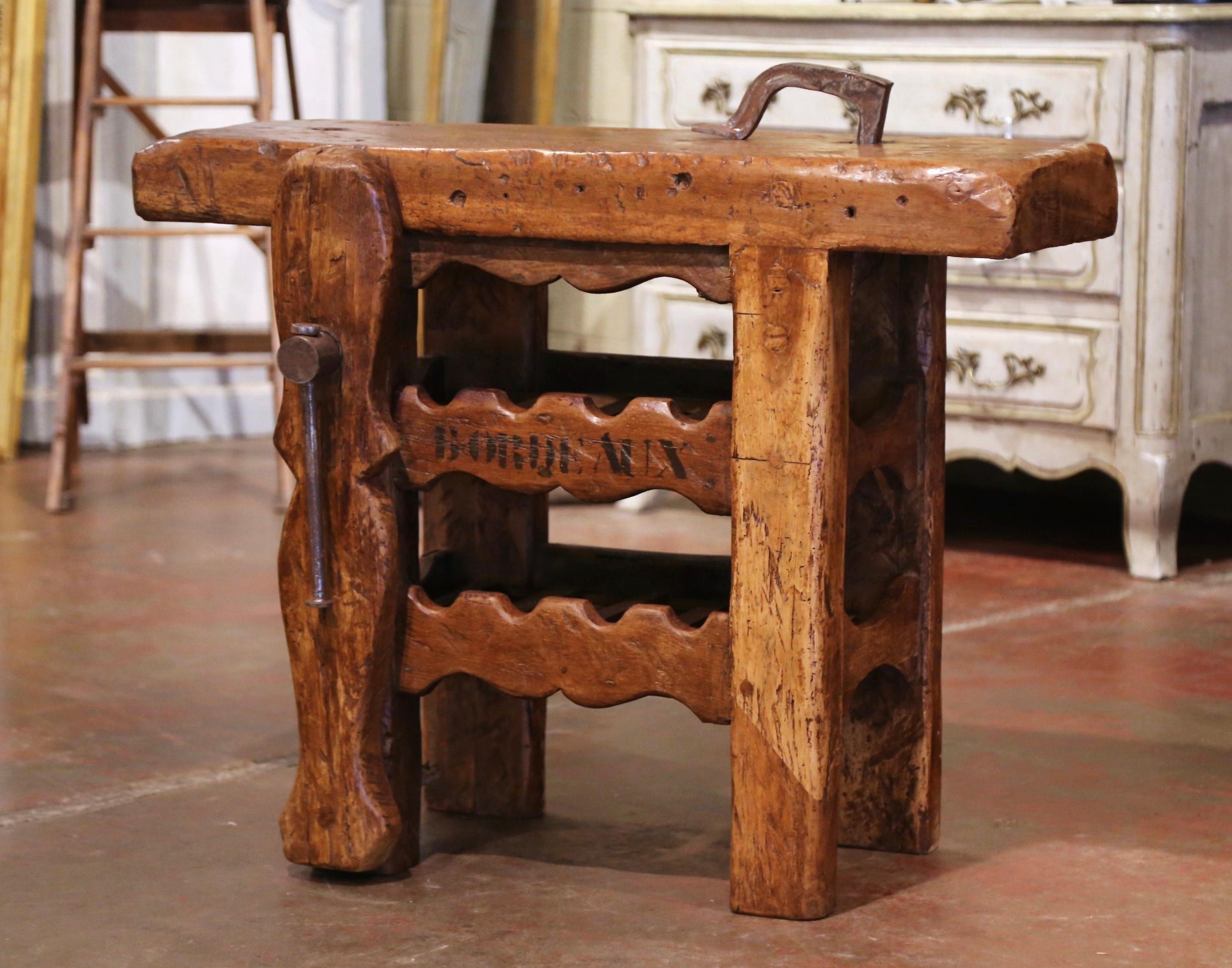 Rustic 19th Century French Oak Carpenter Press Table with Four-Bottle Storage Rack