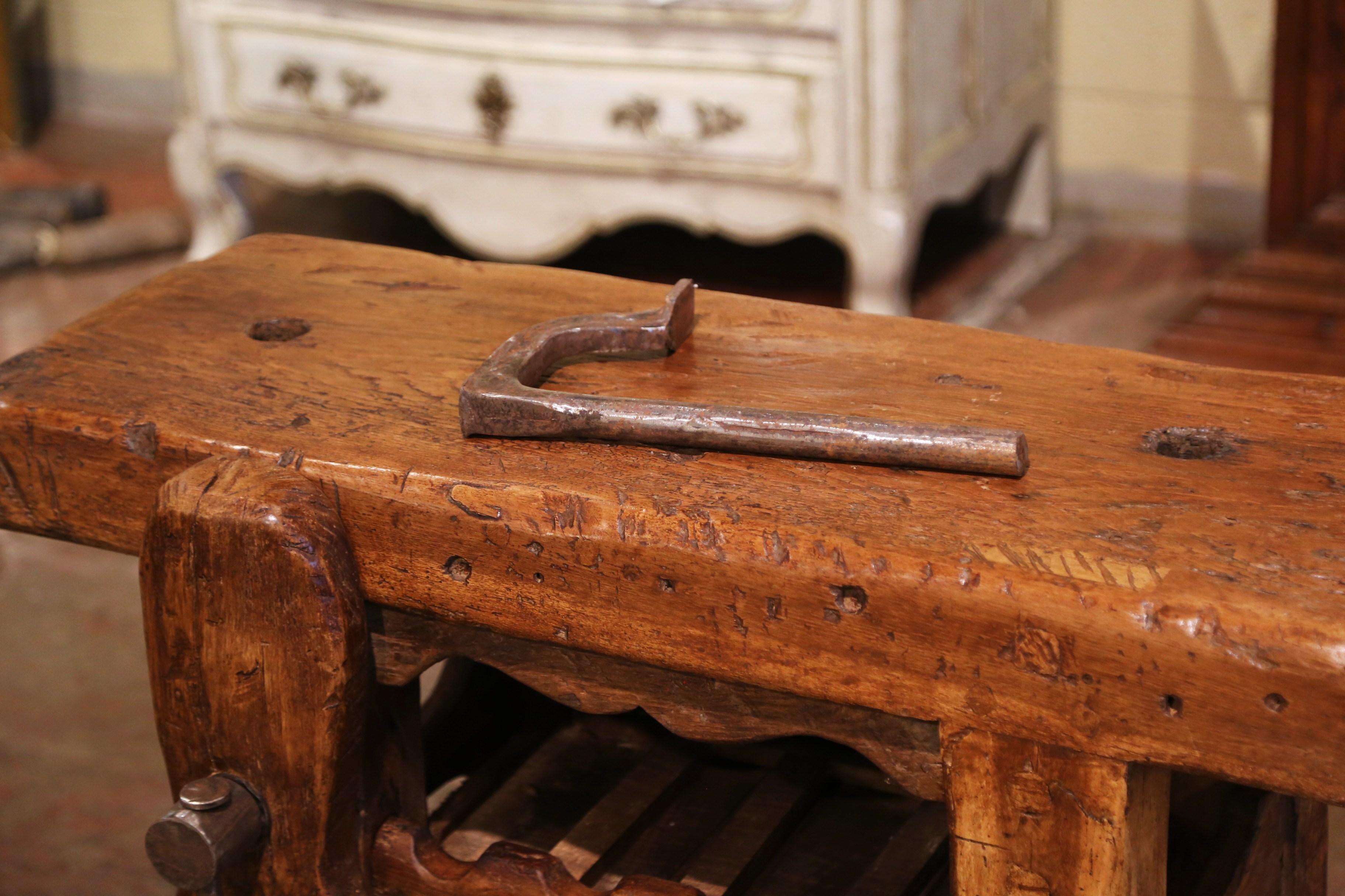 Hand-Carved 19th Century French Oak Carpenter Press Table with Four-Bottle Storage Rack