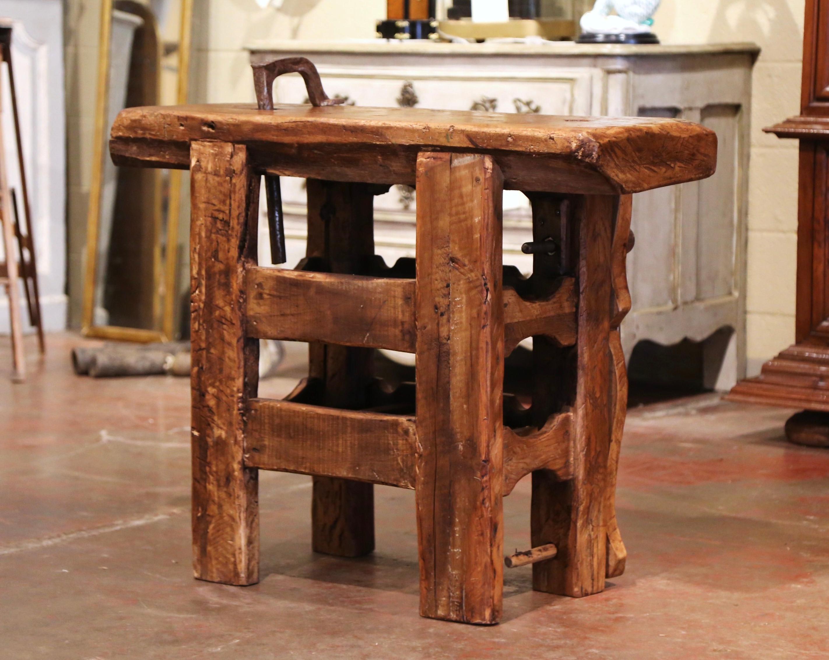 19th Century French Oak Carpenter Press Table with Four-Bottle Storage Rack 1