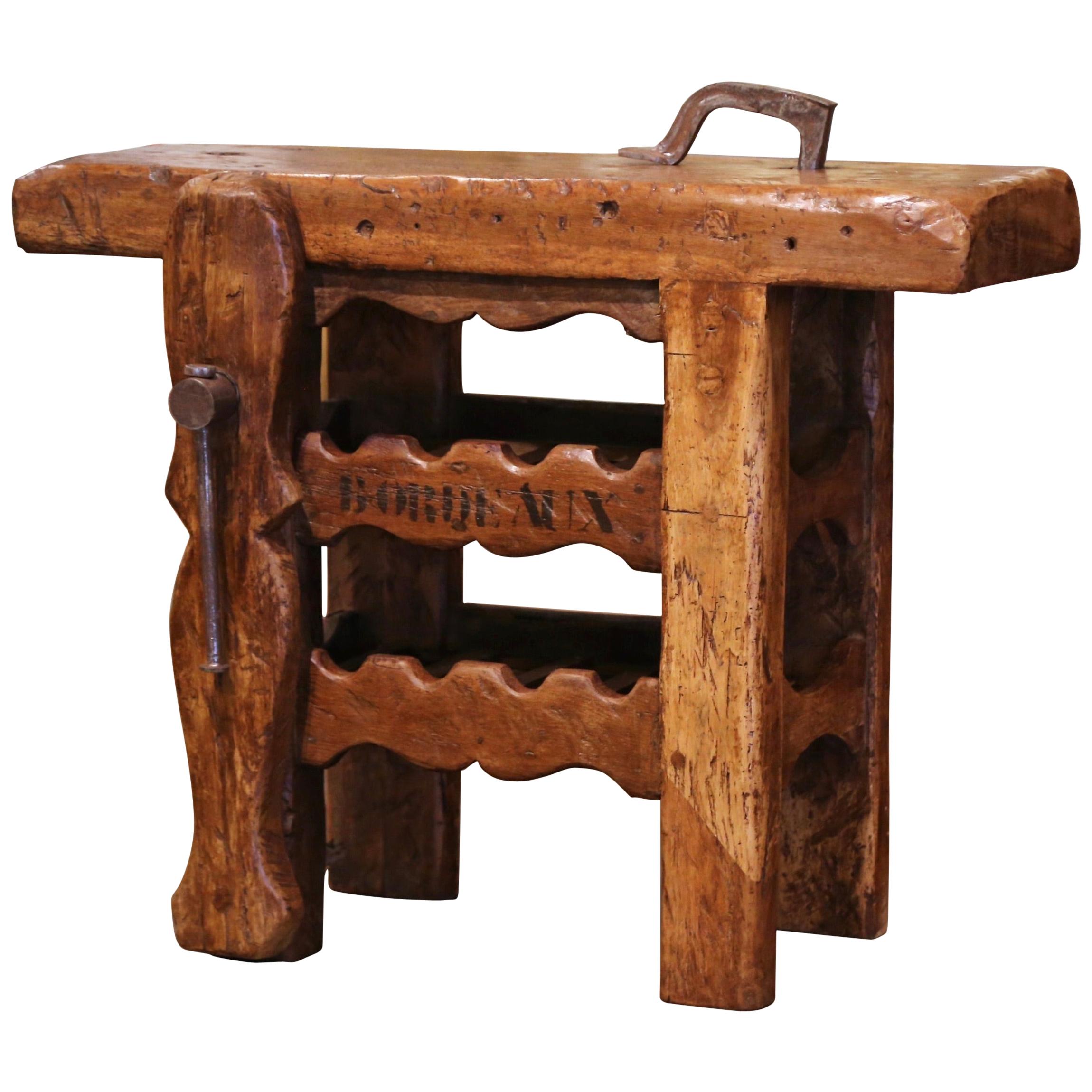 19th Century French Oak Carpenter Press Table with Four-Bottle Storage Rack