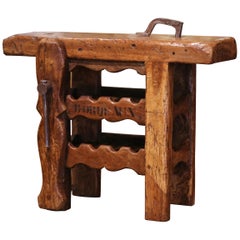 19th Century French Oak Carpenter Press Table with Four-Bottle Storage Rack