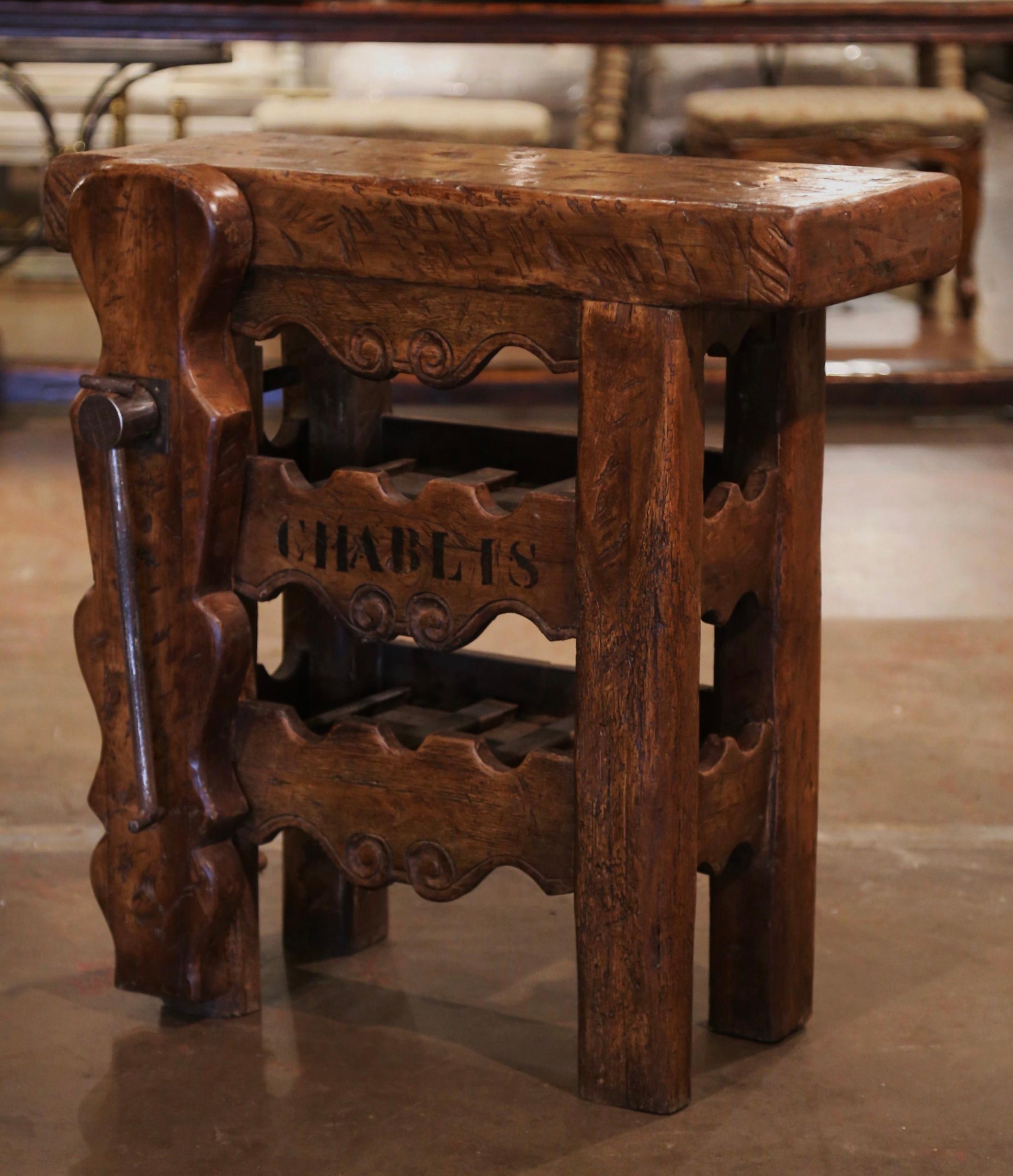 Rustic 19th Century French Oak Carpenter Press Table with Six-Bottle Storage Rack