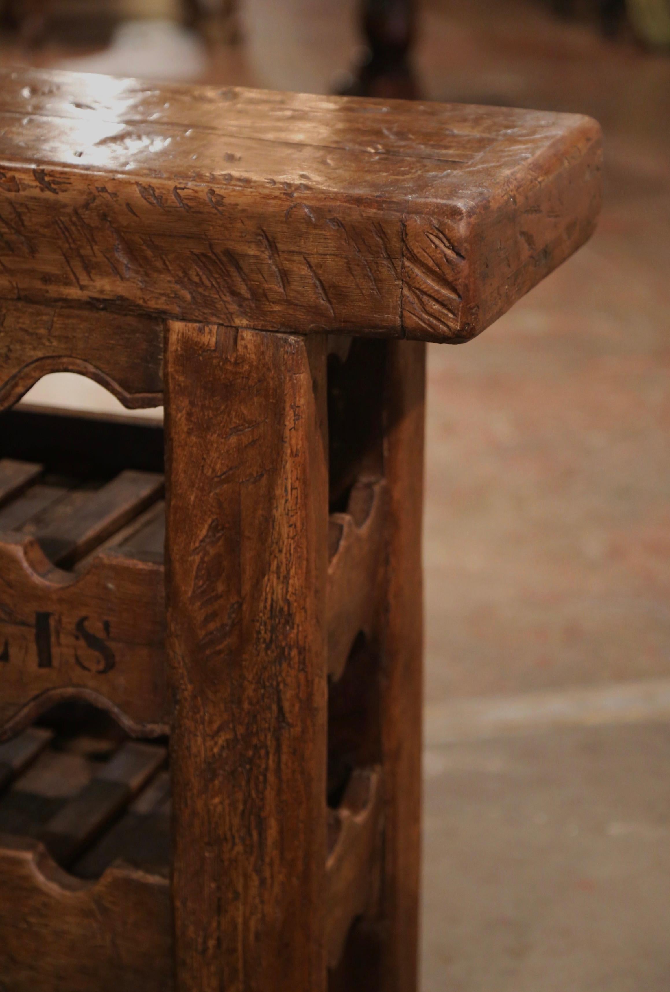 19th Century French Oak Carpenter Press Table with Six-Bottle Storage Rack In Excellent Condition In Dallas, TX