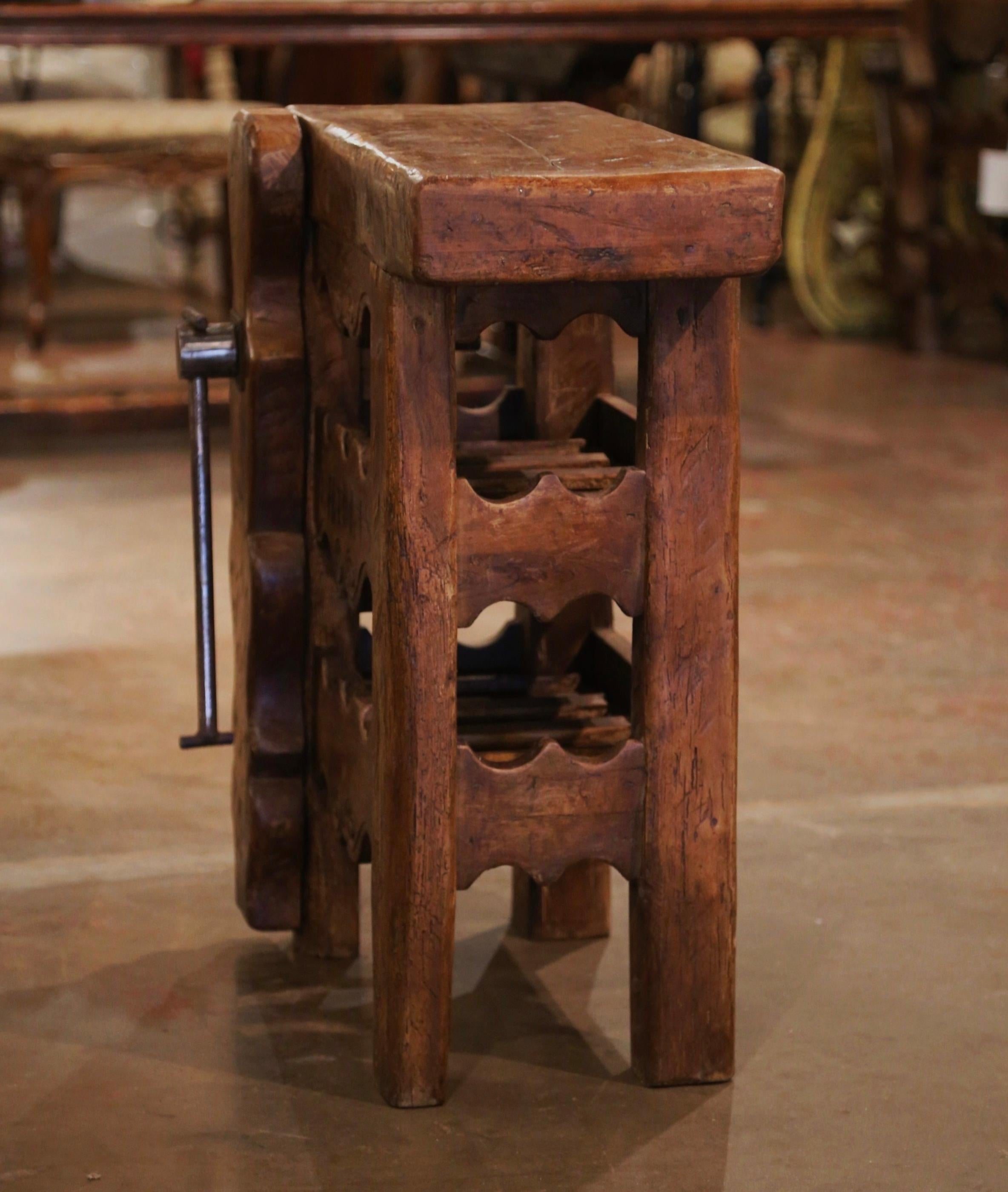 Wrought Iron 19th Century French Oak Carpenter Press Table with Six-Bottle Storage Rack