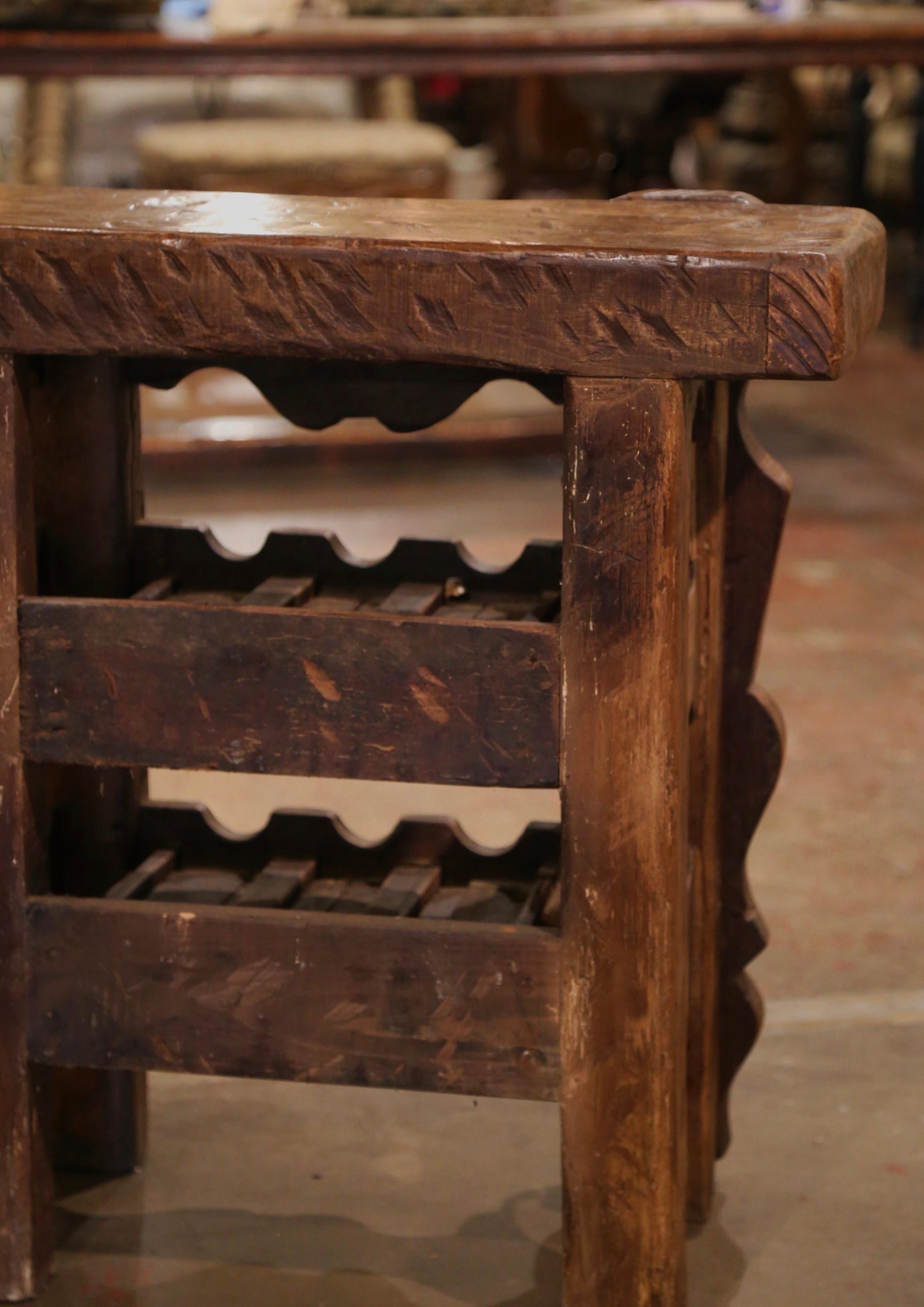 19th Century French Oak Carpenter Press Table with Six-Bottle Storage Rack 2