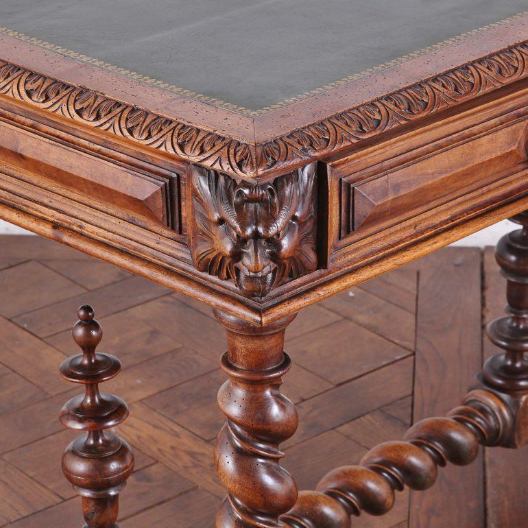 Renaissance Revival 19th Century French Oak Carved and Barley Twist Library Table Desk Sofa Table