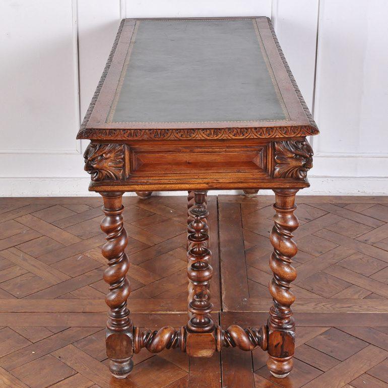 European 19th Century French Oak Carved and Barley Twist Library Table Desk Sofa Table