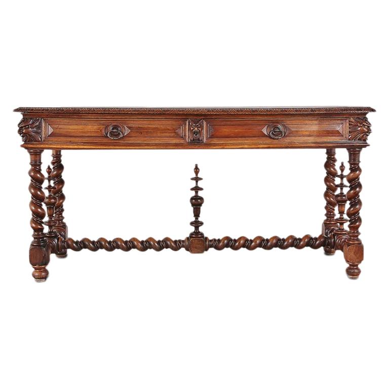 19th Century French Oak Carved and Barley Twist Library Table Desk Sofa Table