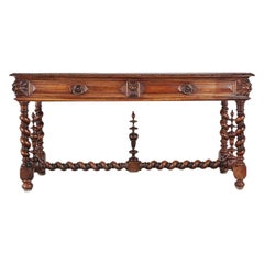 Antique 19th Century French Oak Carved and Barley Twist Library Table Desk Sofa Table