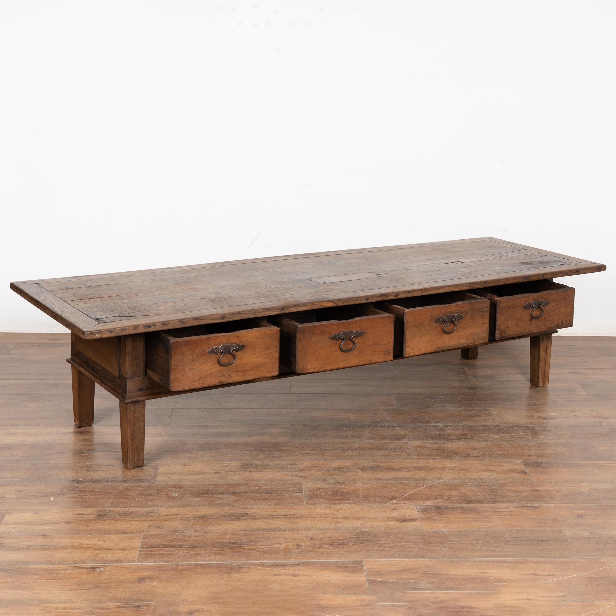Country 19th Century French Oak Coffee Table with Four Drawers For Sale