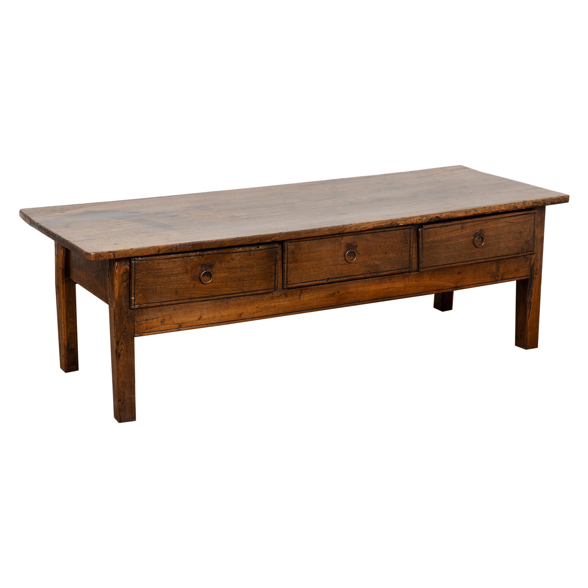 19th Century French Oak Coffee Table with Three Drawers For Sale
